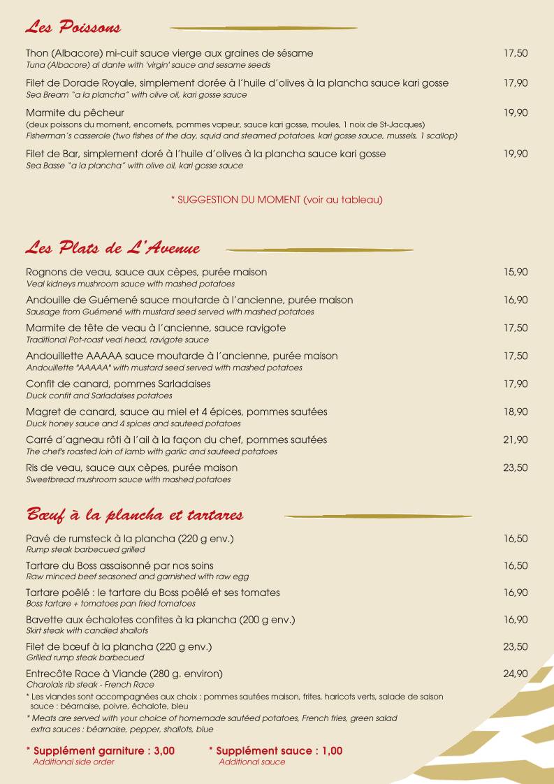 Menu de Restaurant L'Avenue