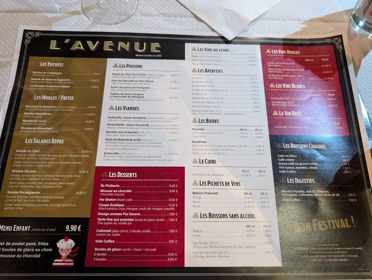 Menu de Restaurant L'Avenue