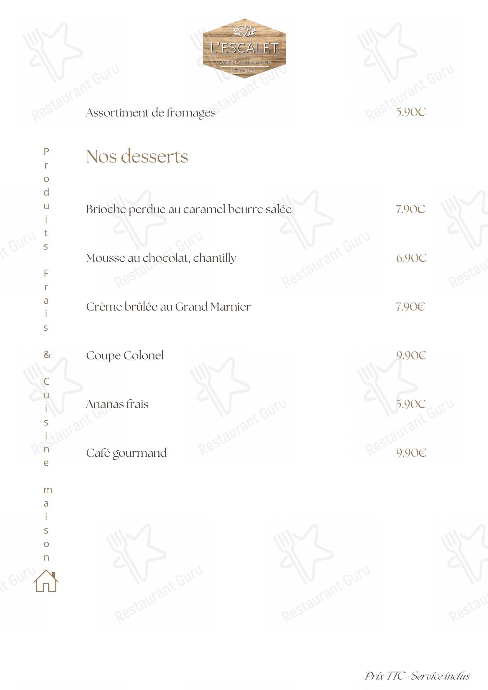 Menu pour Restaurant L'ESCALET - Menu