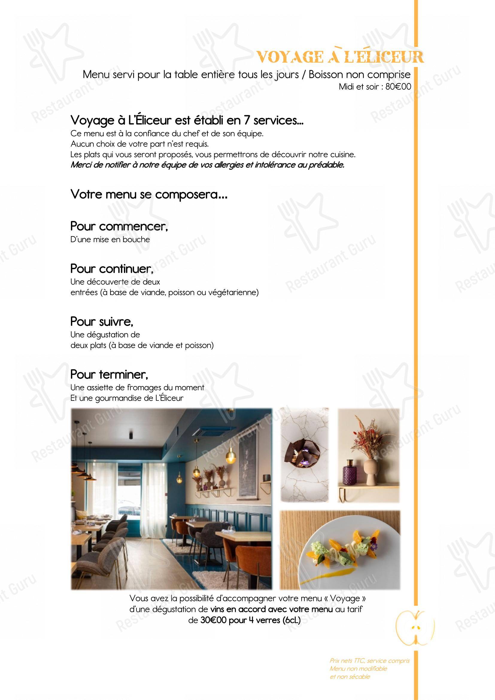 Menu pour Restaurant L'Eliceur dans Nancy