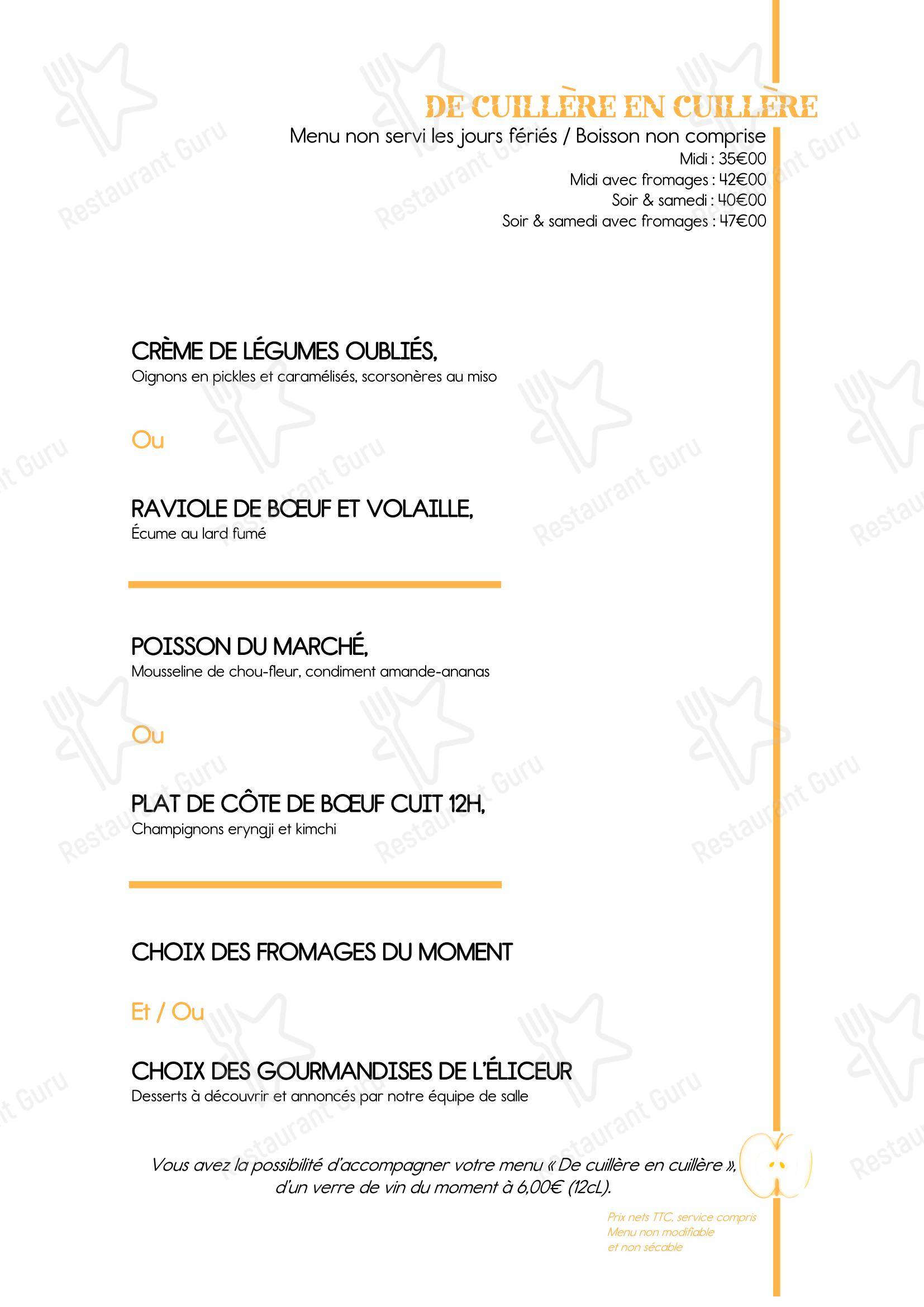 Menu pour Restaurant L'Eliceur - Menu