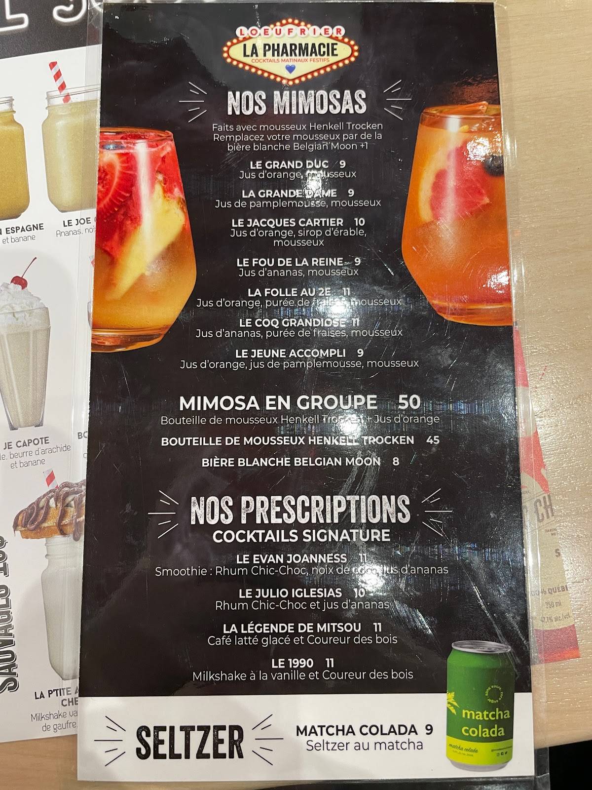 Menu au L'Oeufrier (Québec) restaurant, Québec