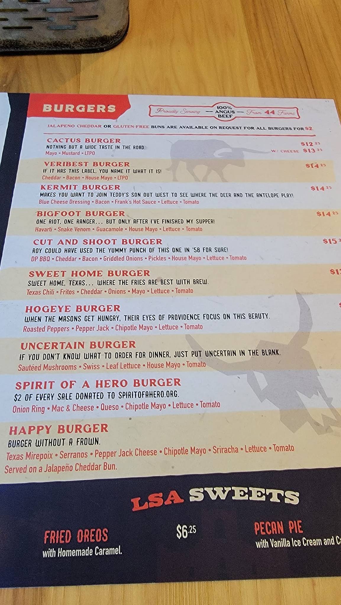 Menu at LSA Burger at Grandscape pub & bar, The Colony