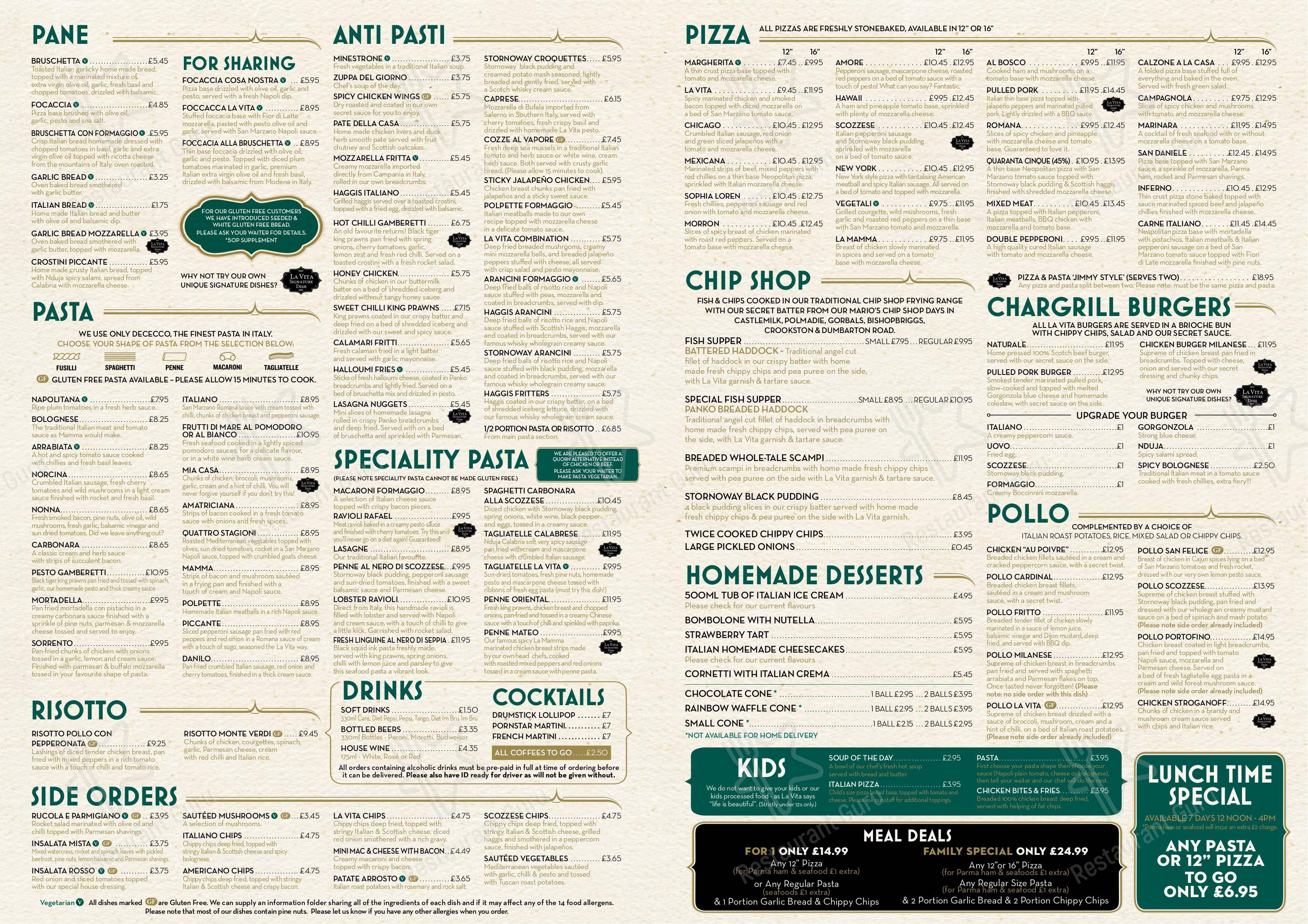 Menu at La Vita Barrachnie, Glasgow