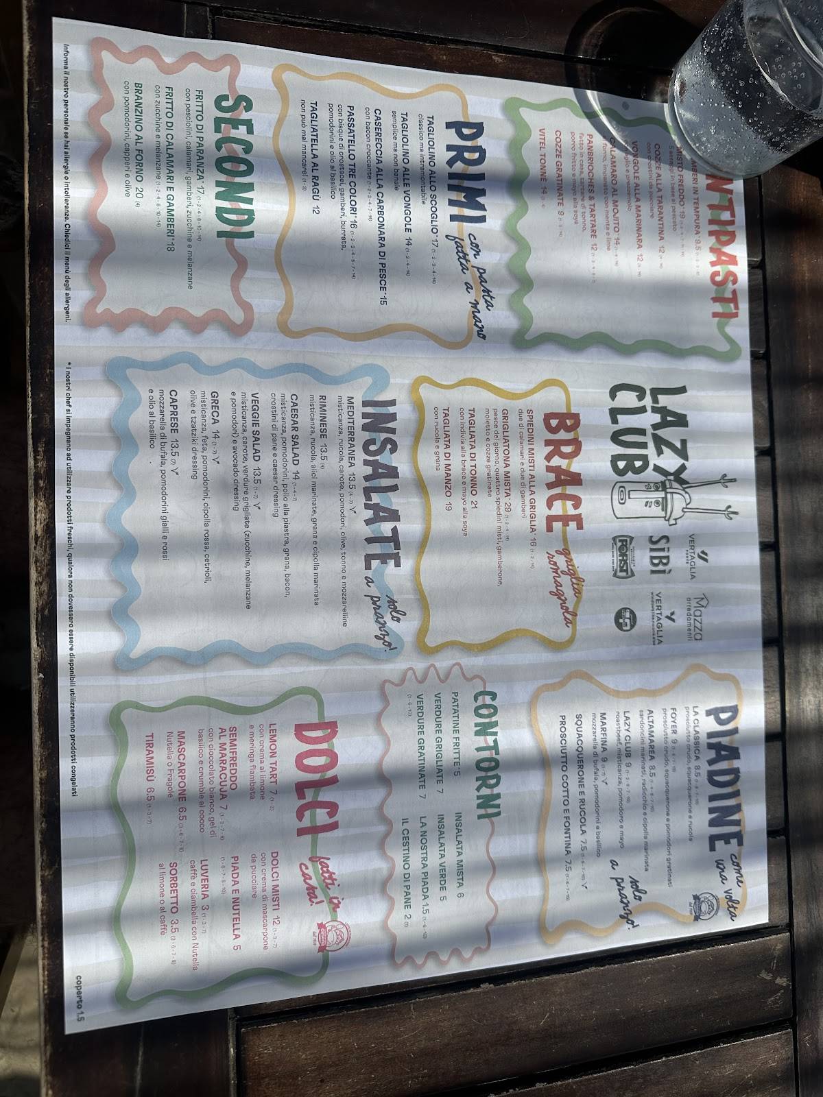 Menu di Lazy Club Rimini - Ristorante di Pesce 