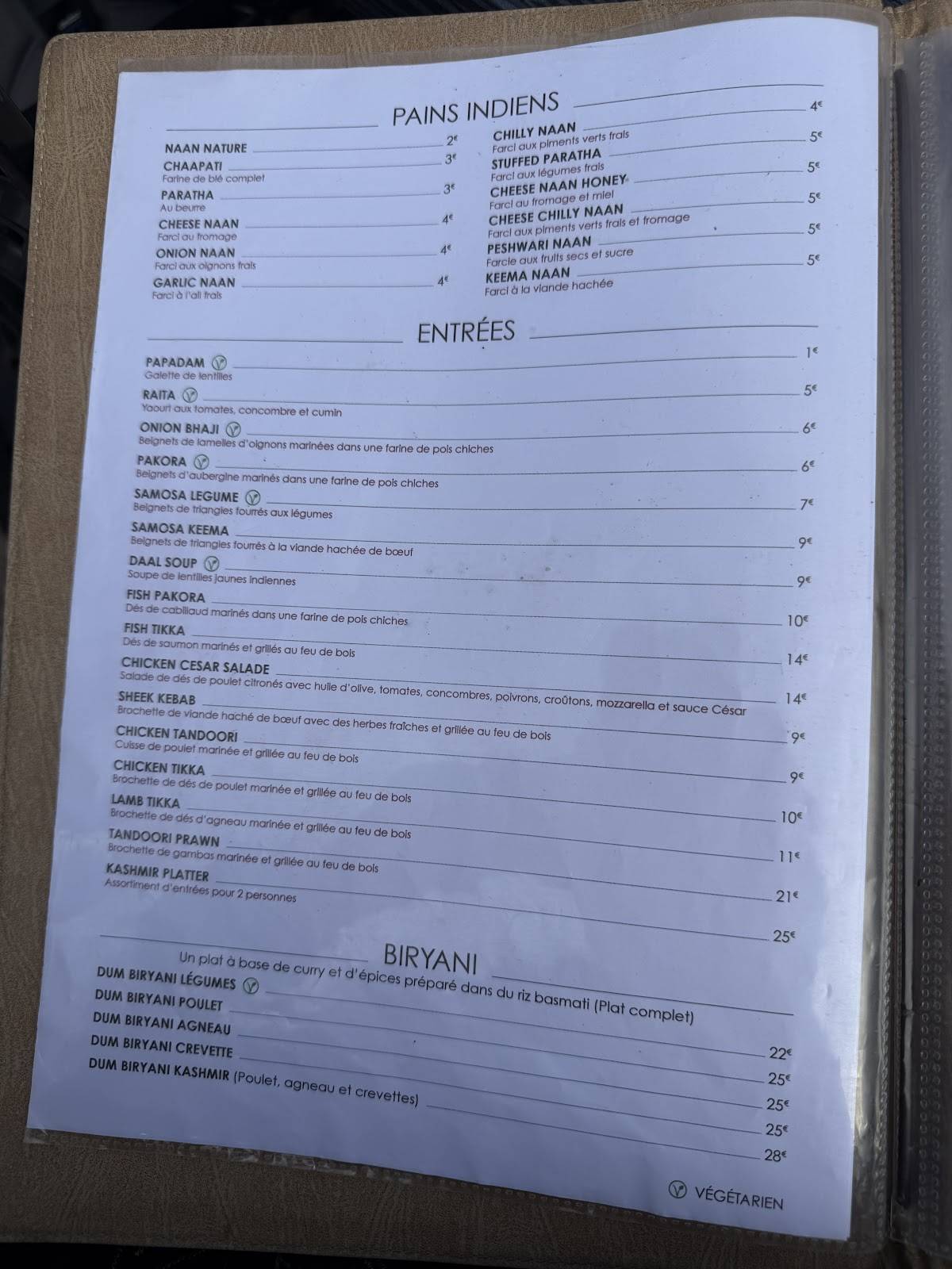 Menu de Le Kashmir Flots Bleus