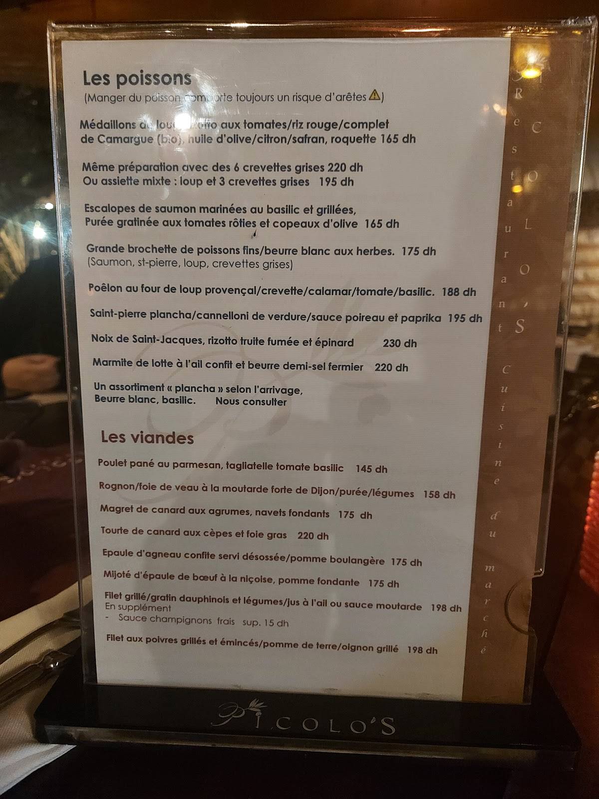 Menu au Le Picolo's restaurant, Rabat