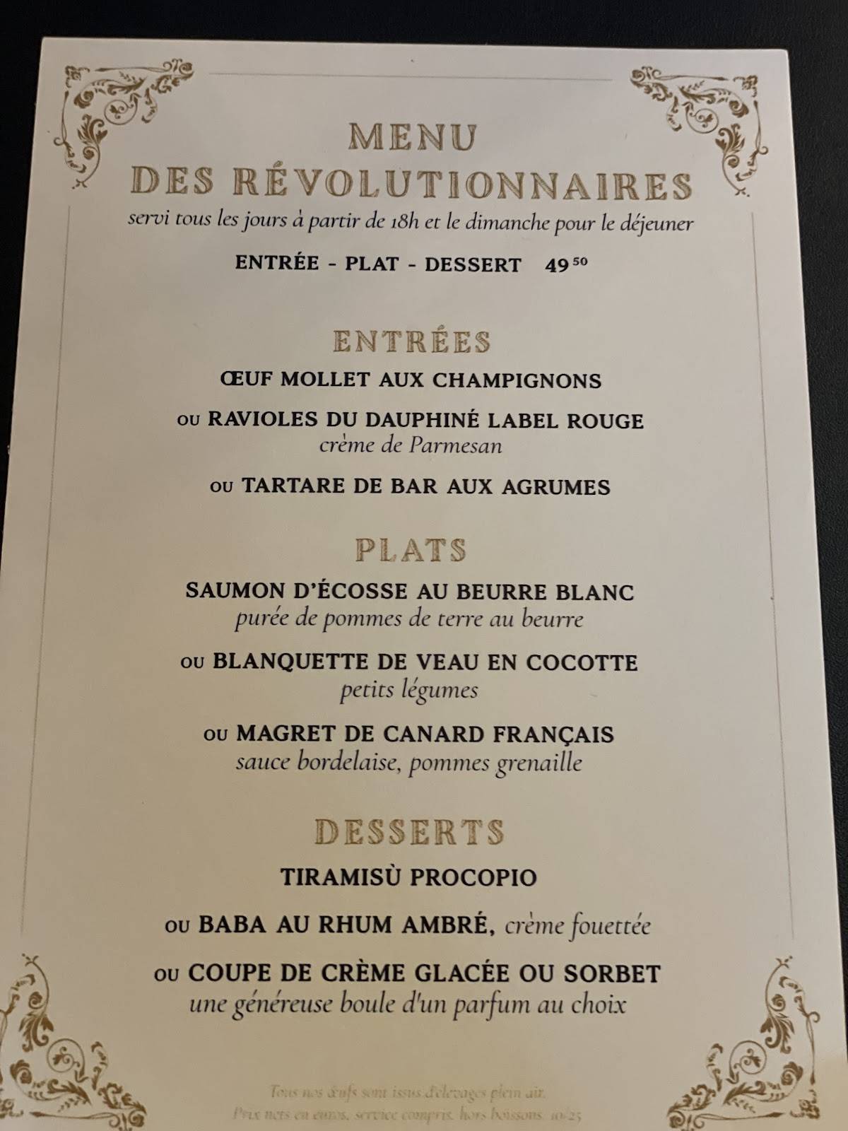 Menu de Le Procope