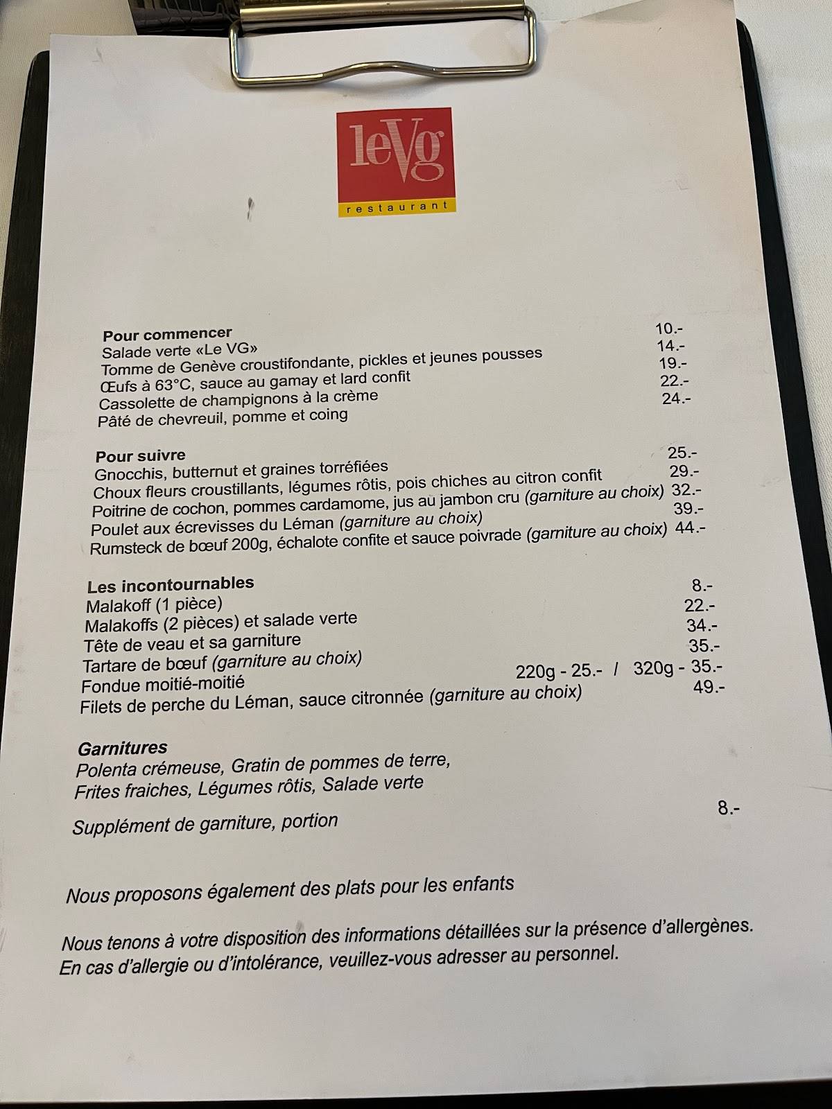 Menu de Restaurant Le VG