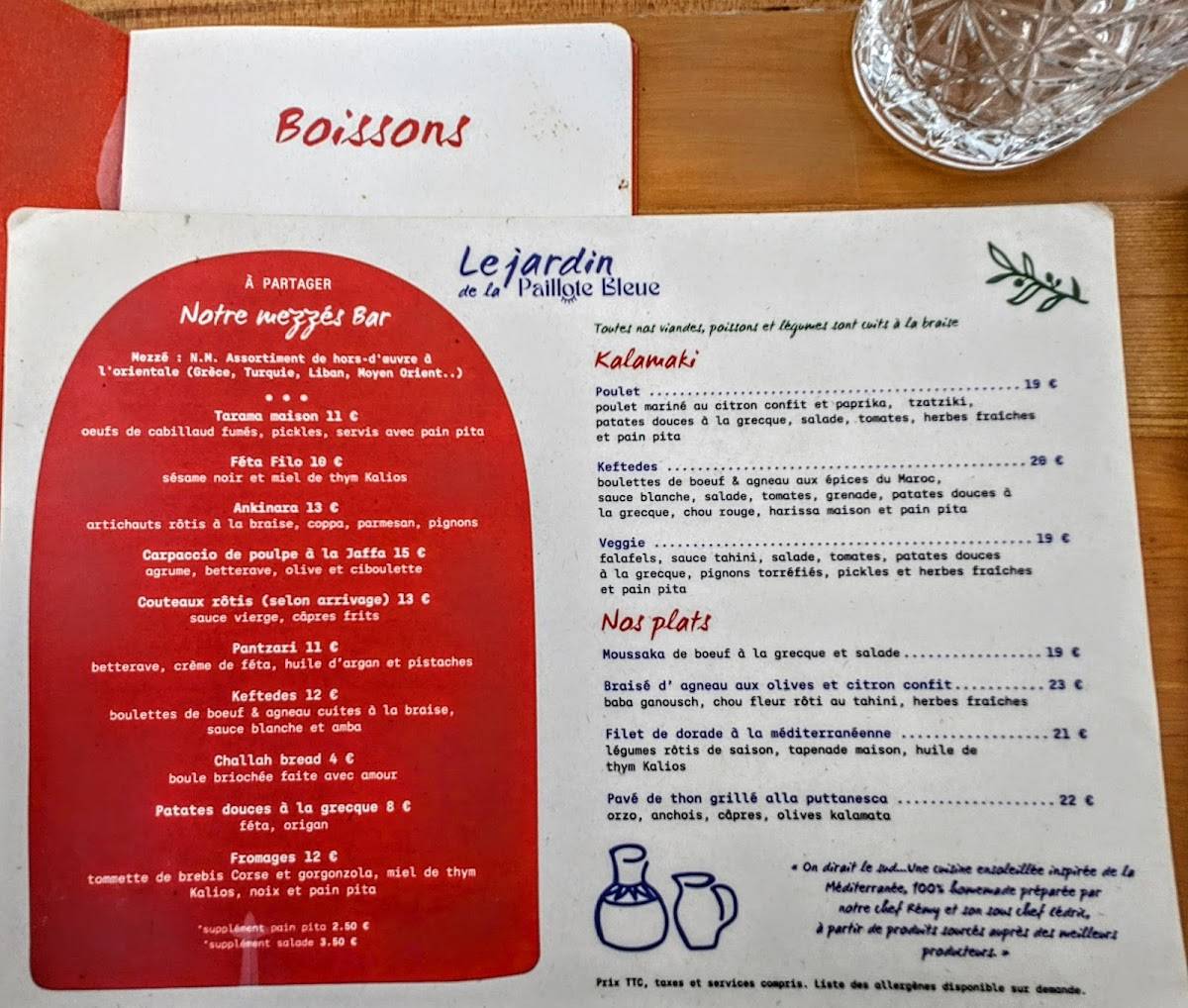Menu au Le jardin de la Paillote Bleue restaurant, Anglet