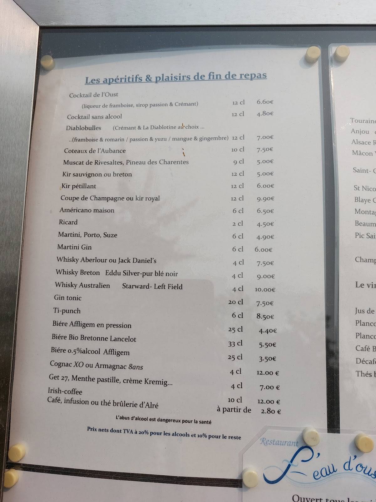 Menu de L'eau d'Oust