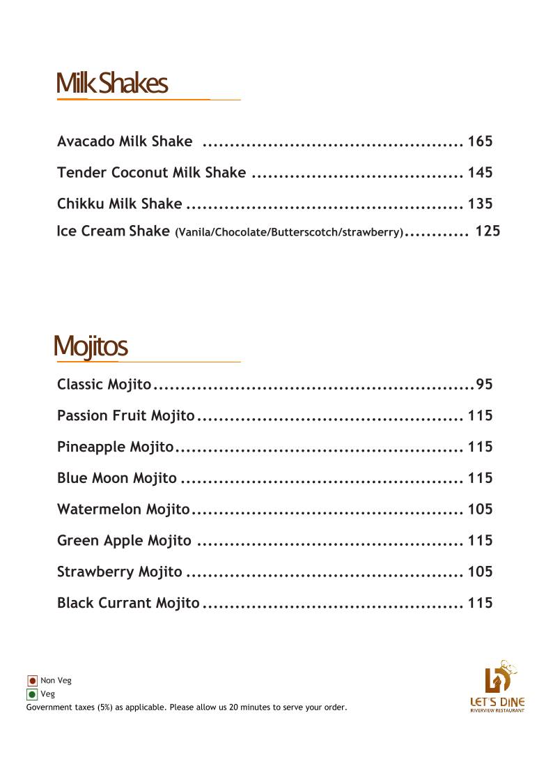 Let's Dine River view - Seafood Restaurant menu