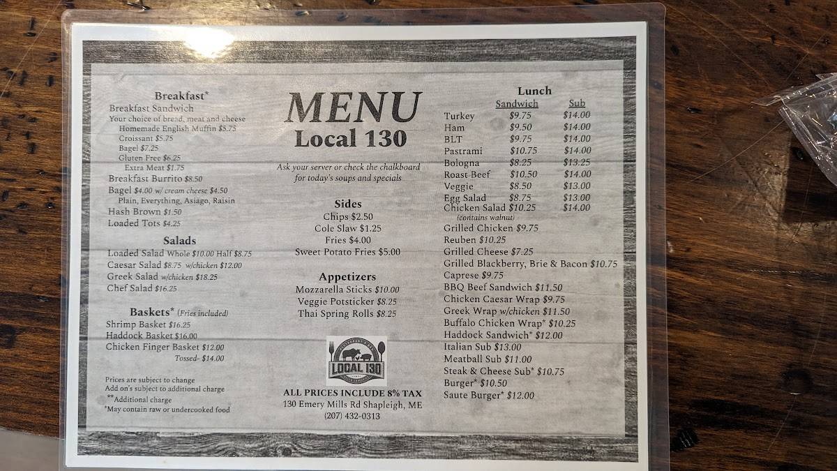 Menu at Local 130 Restaurant & Bar, Shapleigh
