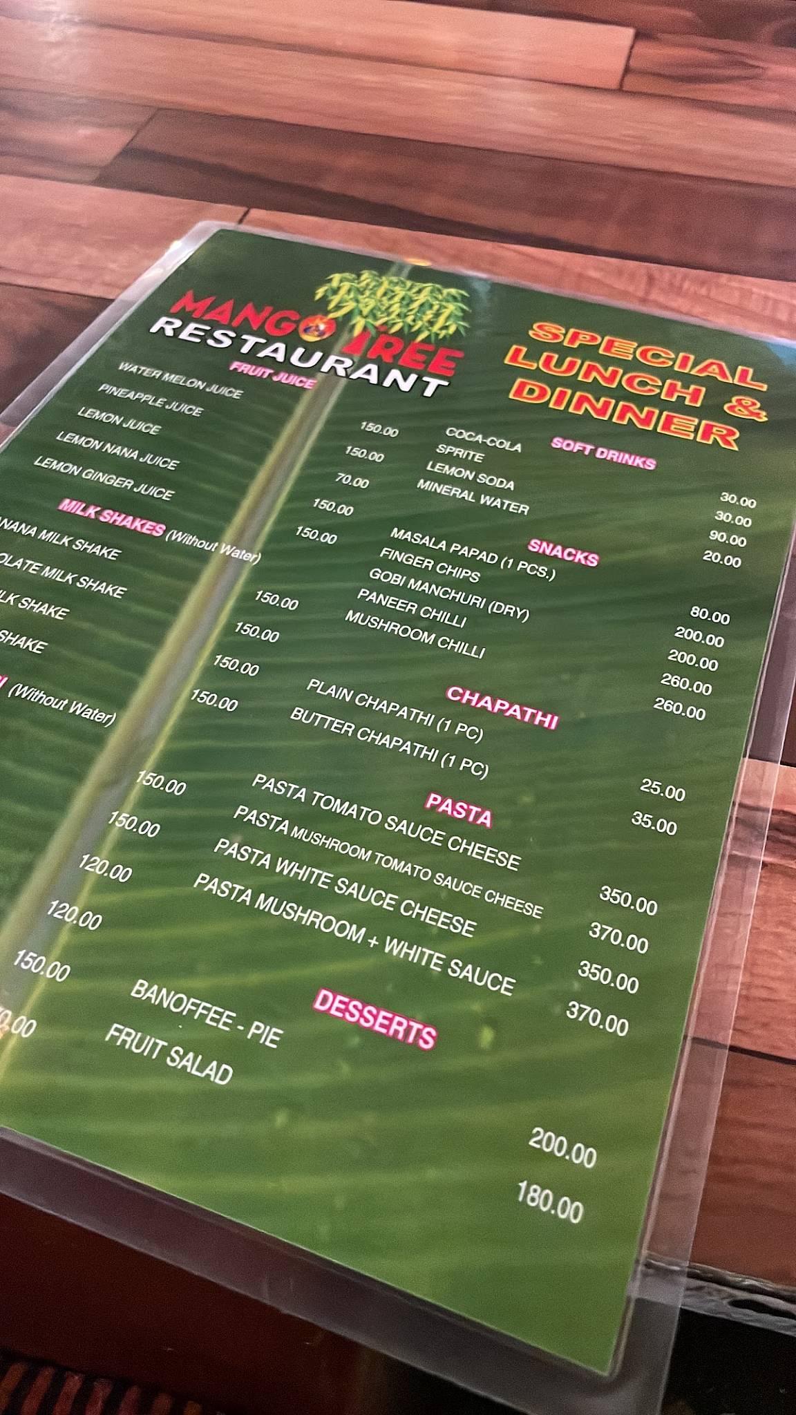 MANGO TREE RESTAURANT menu