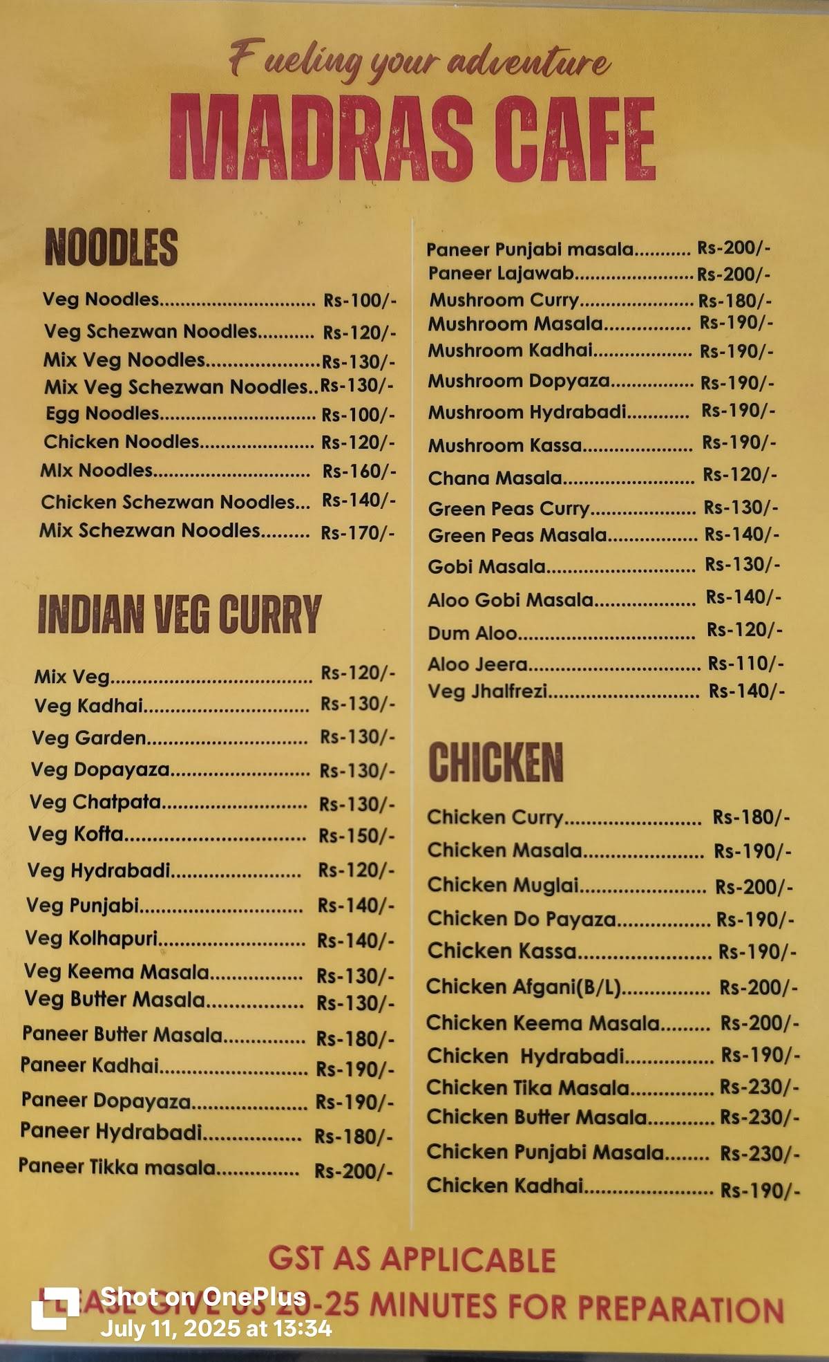 Madras Cafe menu