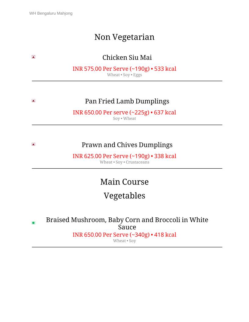 Mahjong Room menu