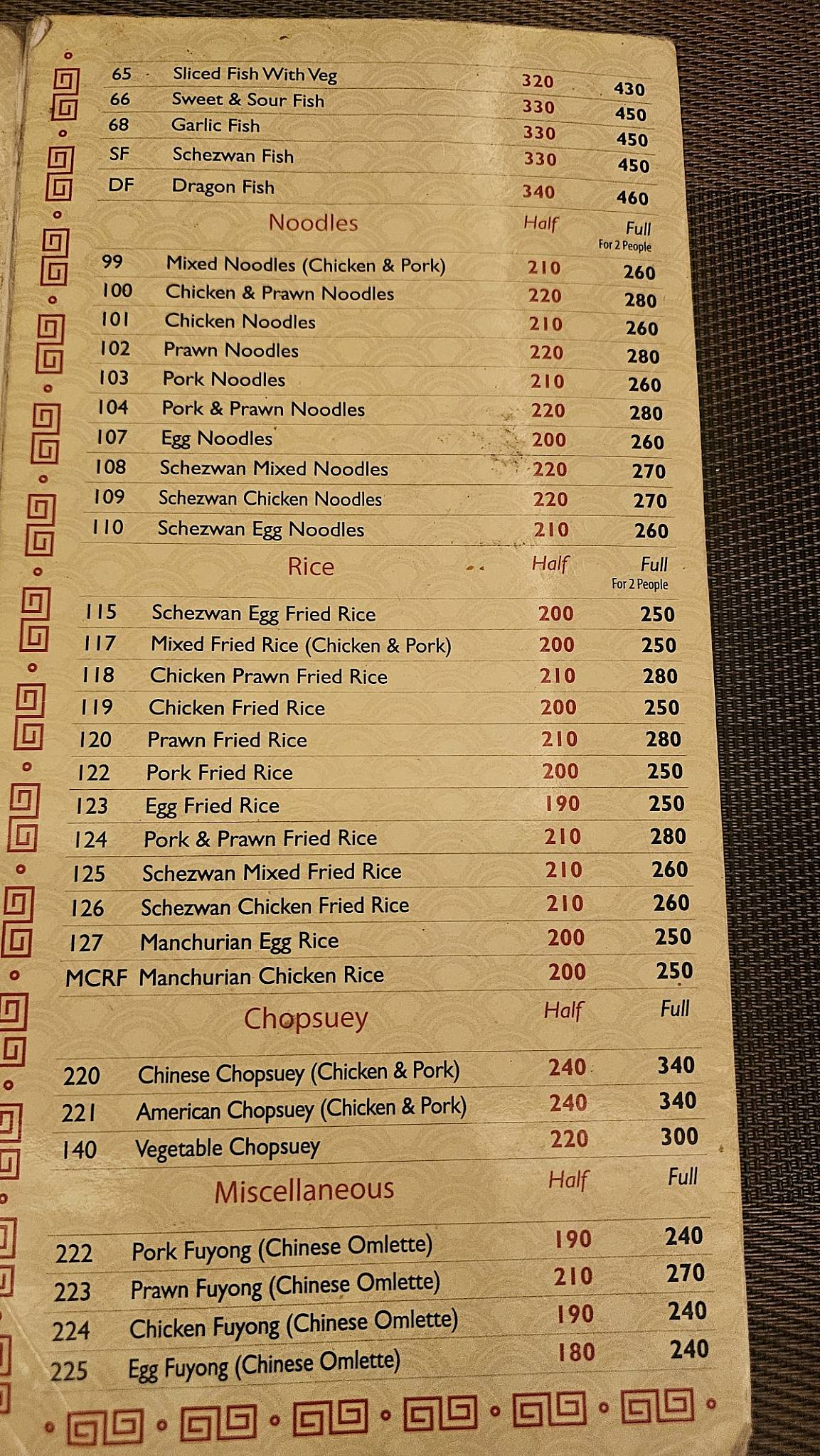 Malaya Restaurant menu