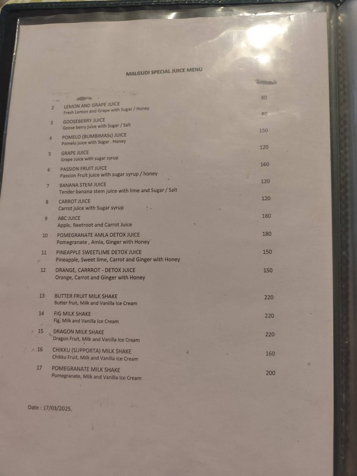 Malgudi Coffee Shop & Bakery menu