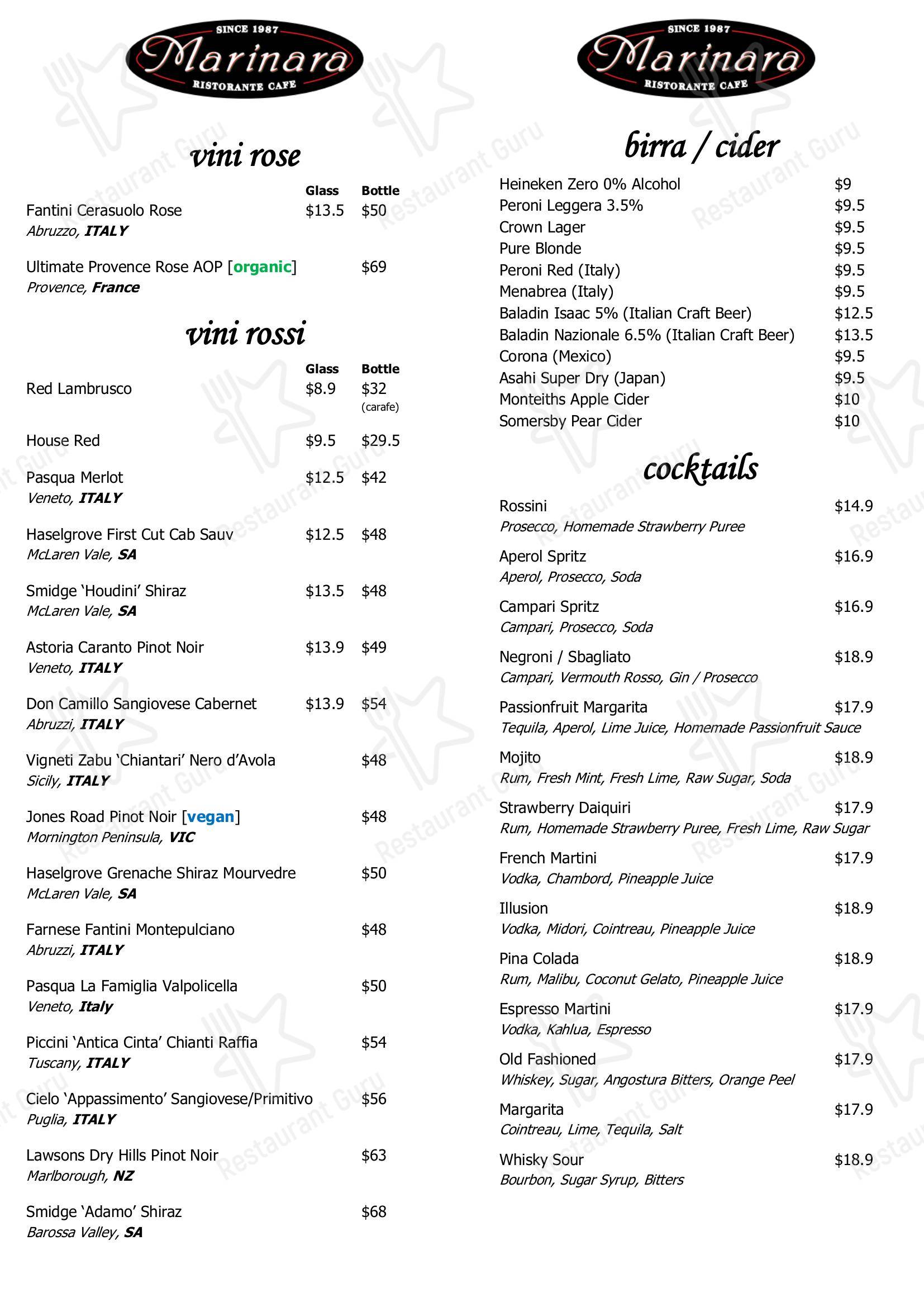 Menu at Marinara Restaurant Clayfield, Clayfield