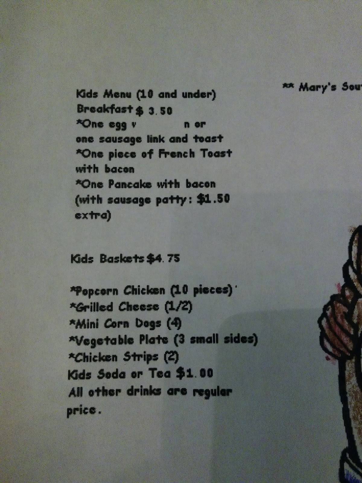 Menu at Mary's Southern Grill restaurant, Young Harris
