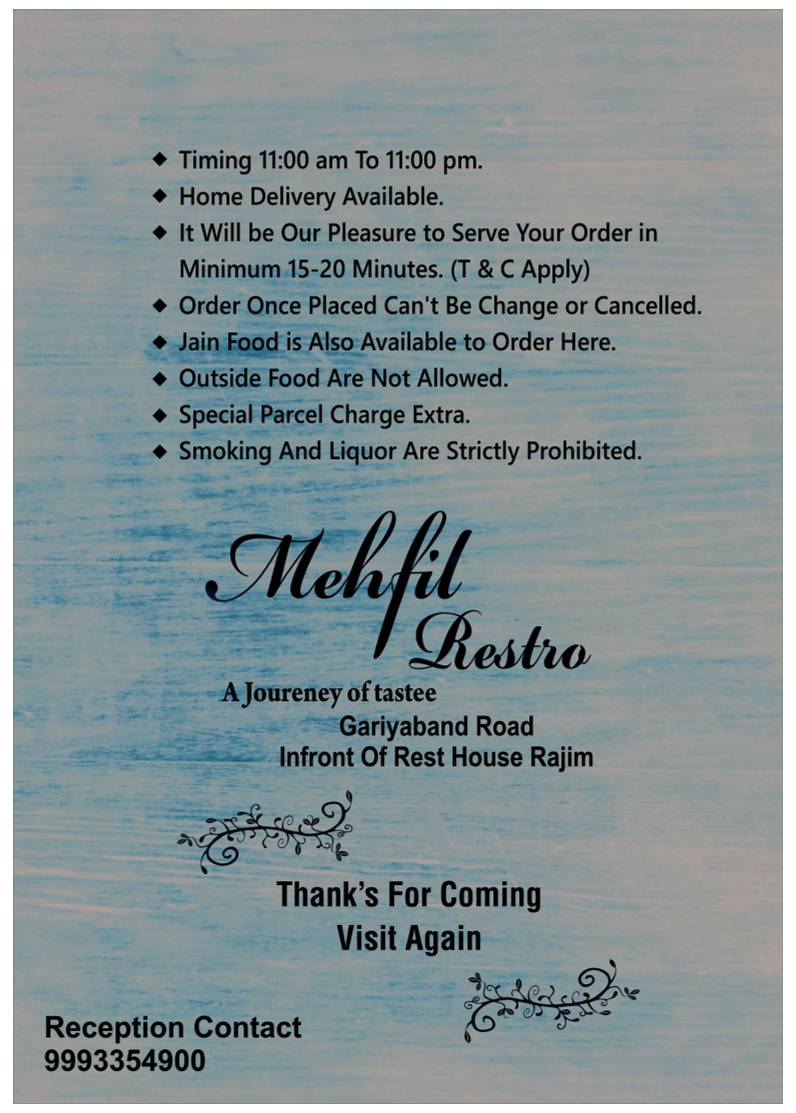 Mehfil Restro Rajim menu