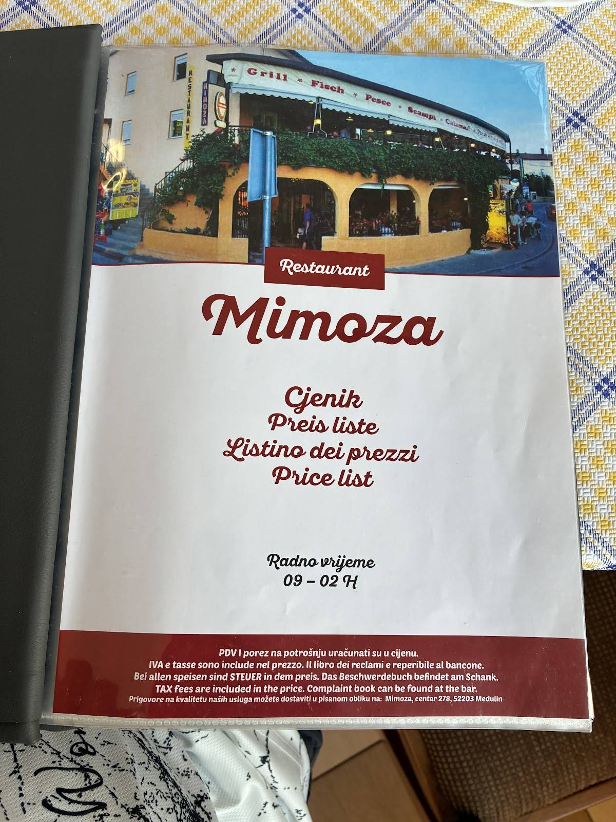 Menu di Restaurant Mimoza, Medulin 