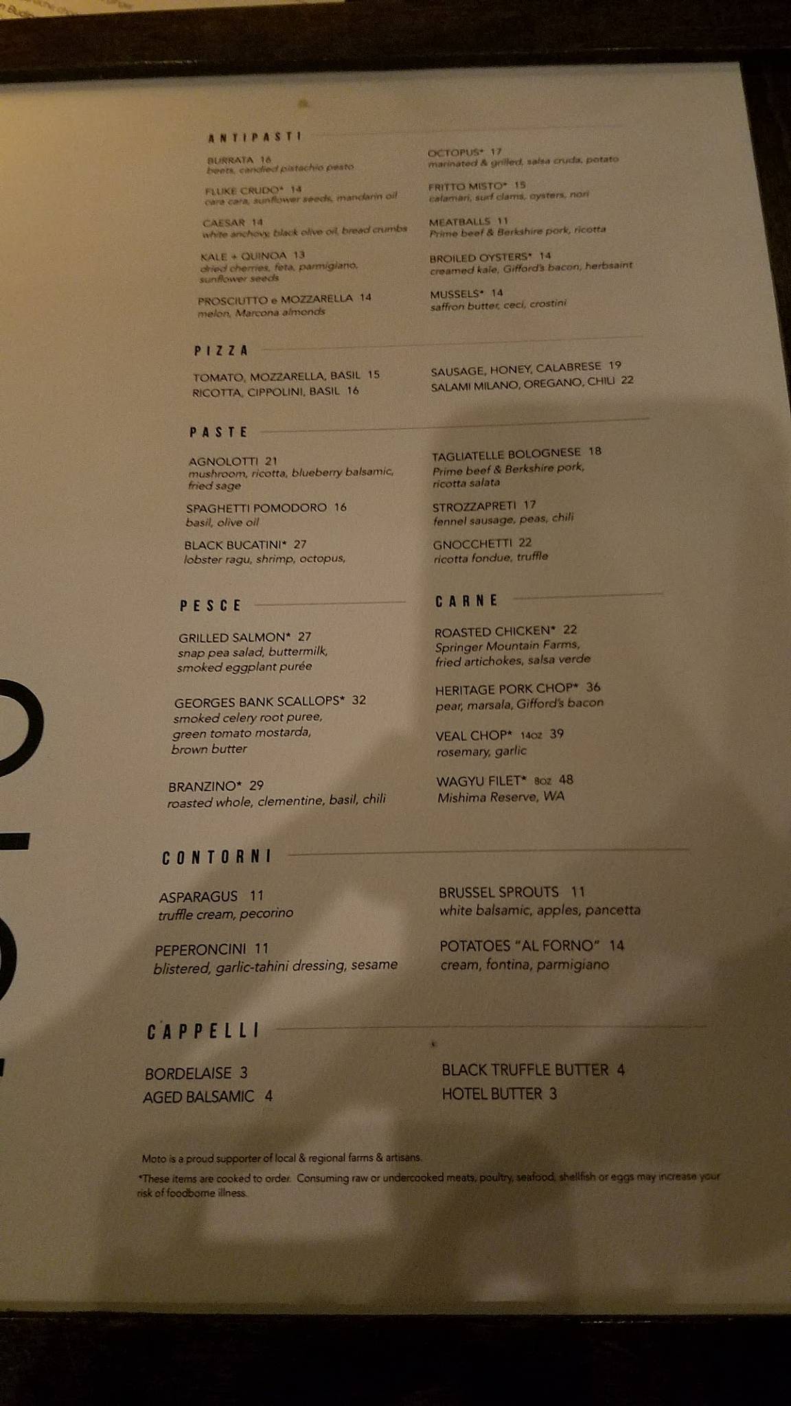 menu du restaurant moto