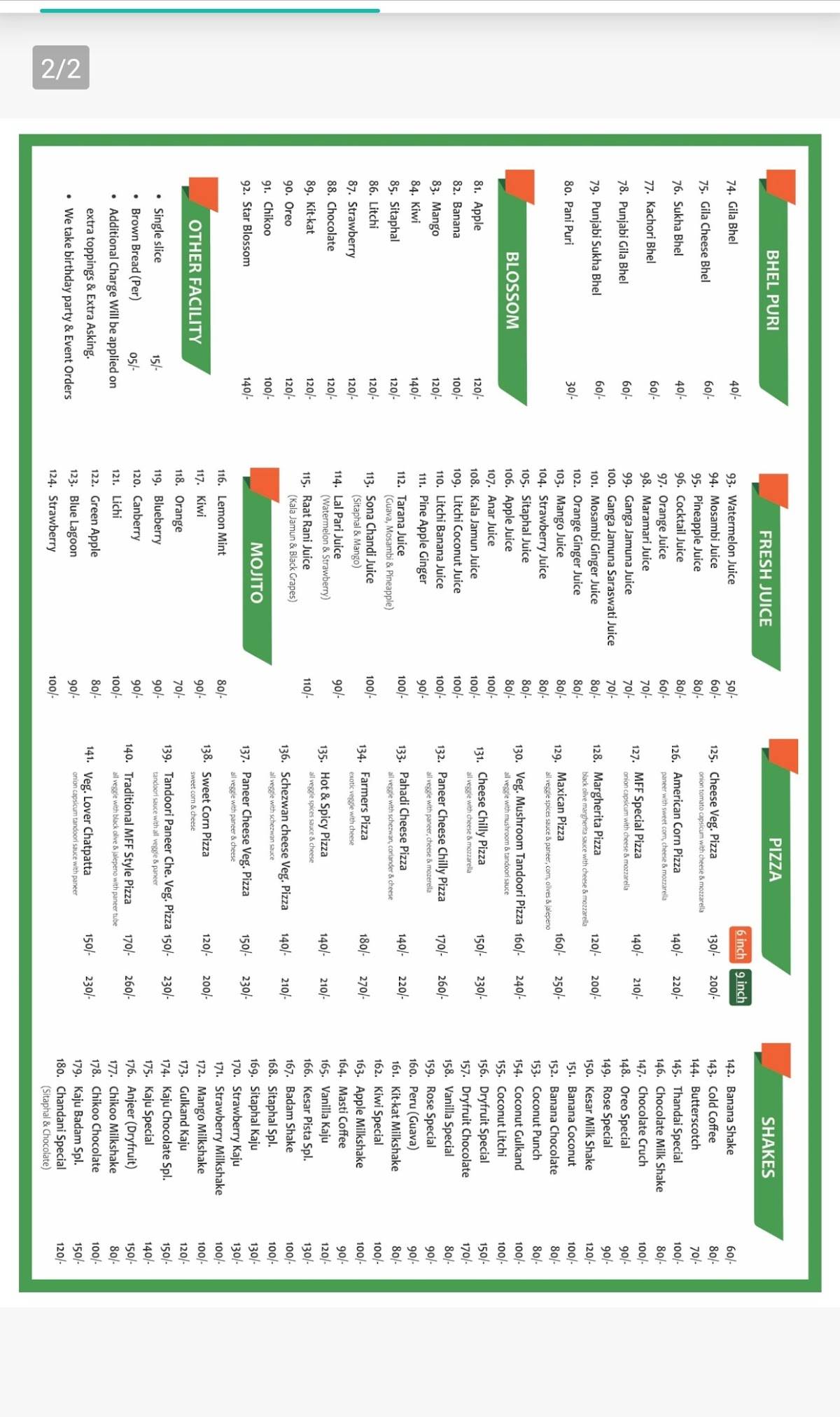 Mumbai fast food menu