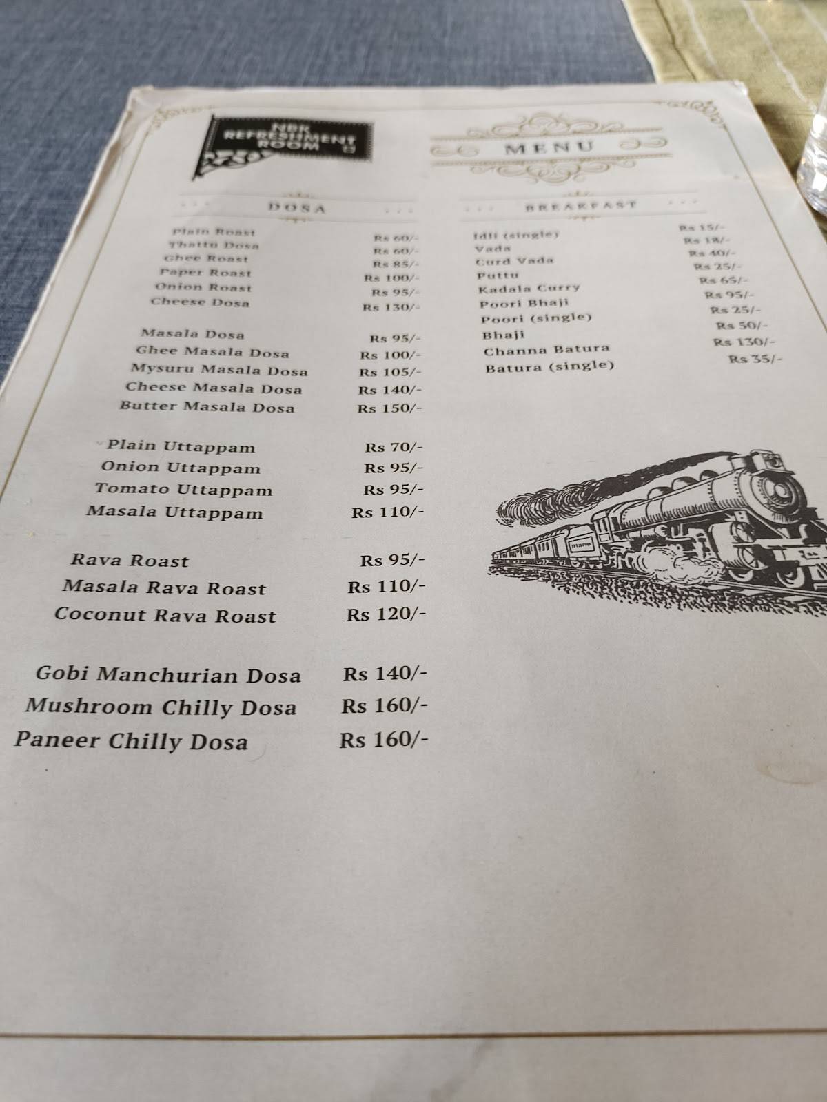 NBK Refreshment Room menu
