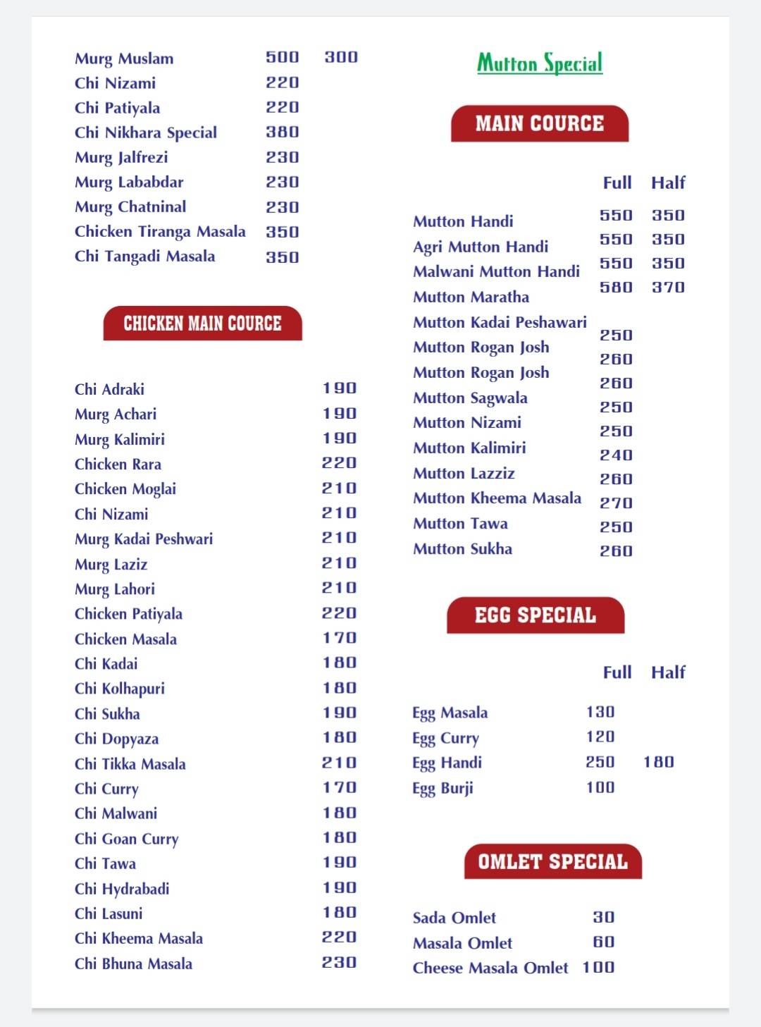 Nikhara Restaurant menu