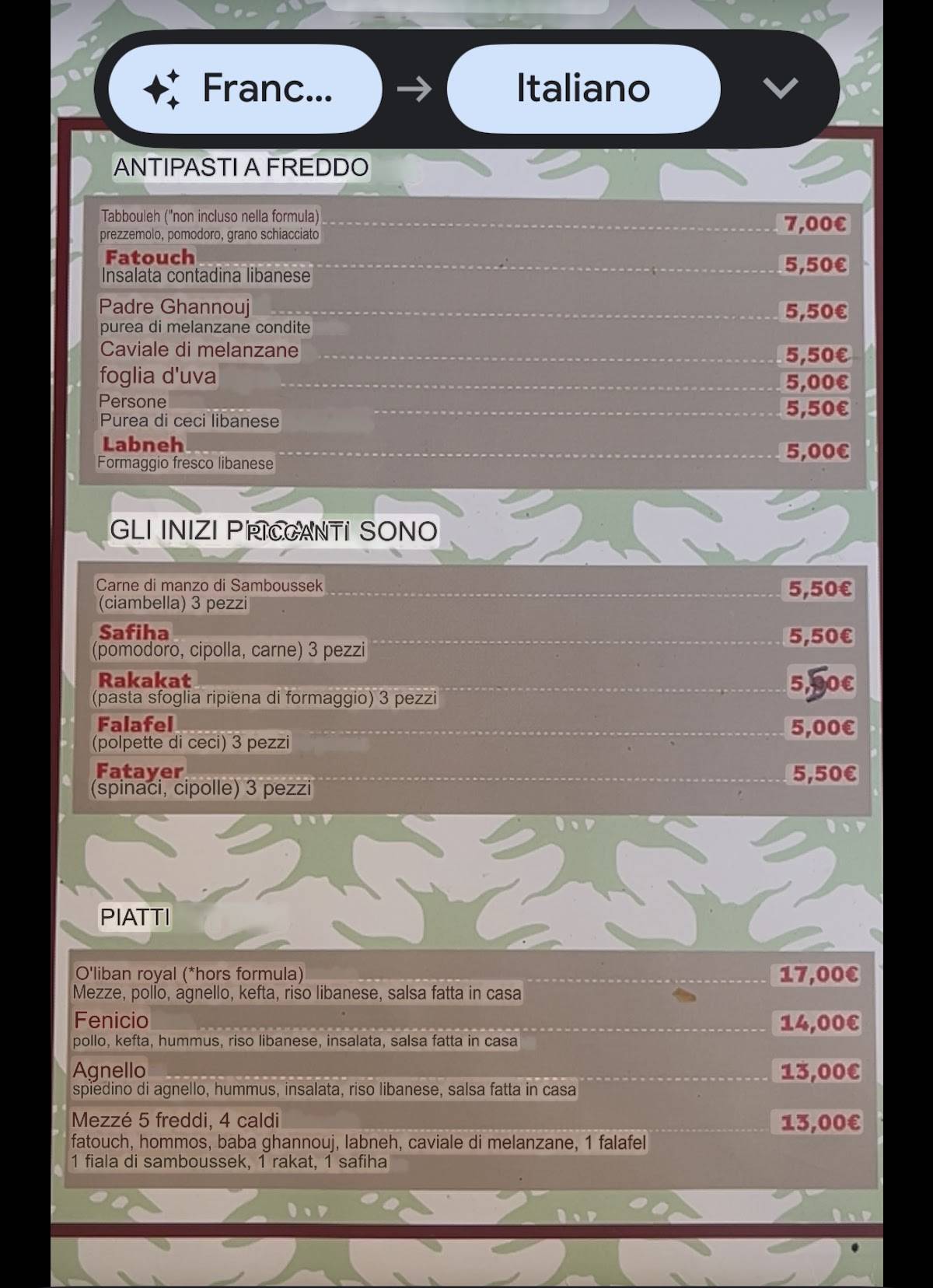 Menu de Restaurant O'Liban