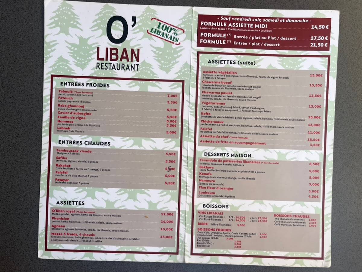 Menu de Restaurant O'Liban
