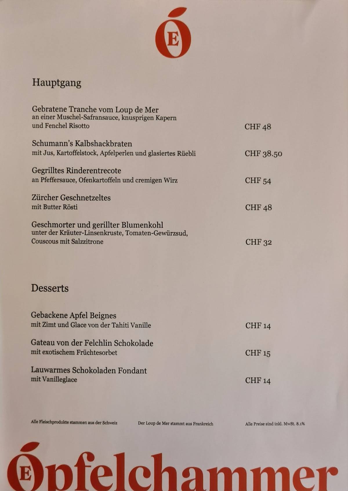 Menu di Restaurant Oepfelchammer 