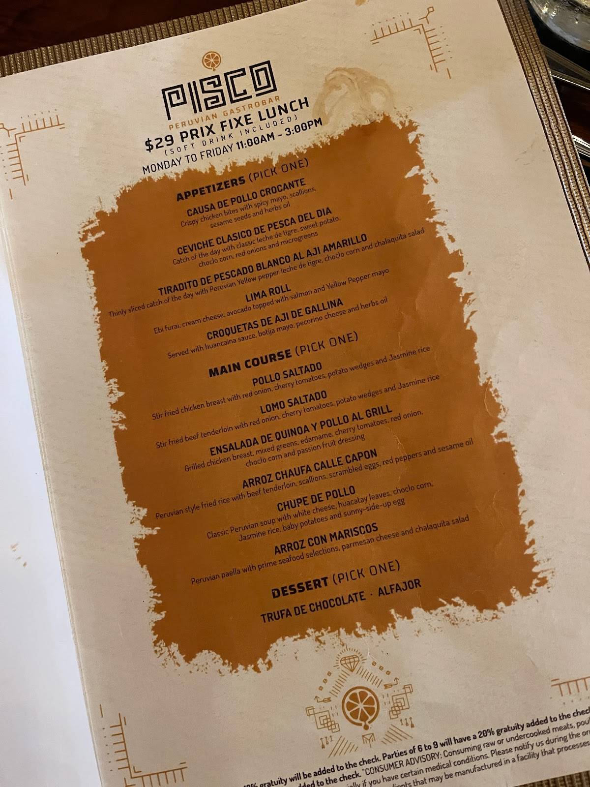 Menu at Pisco Peruvian Gastrobar Orlando, Orlando
