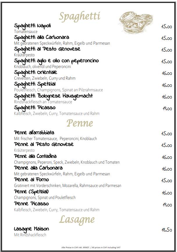 Menu di Pizza Picasso Basel 