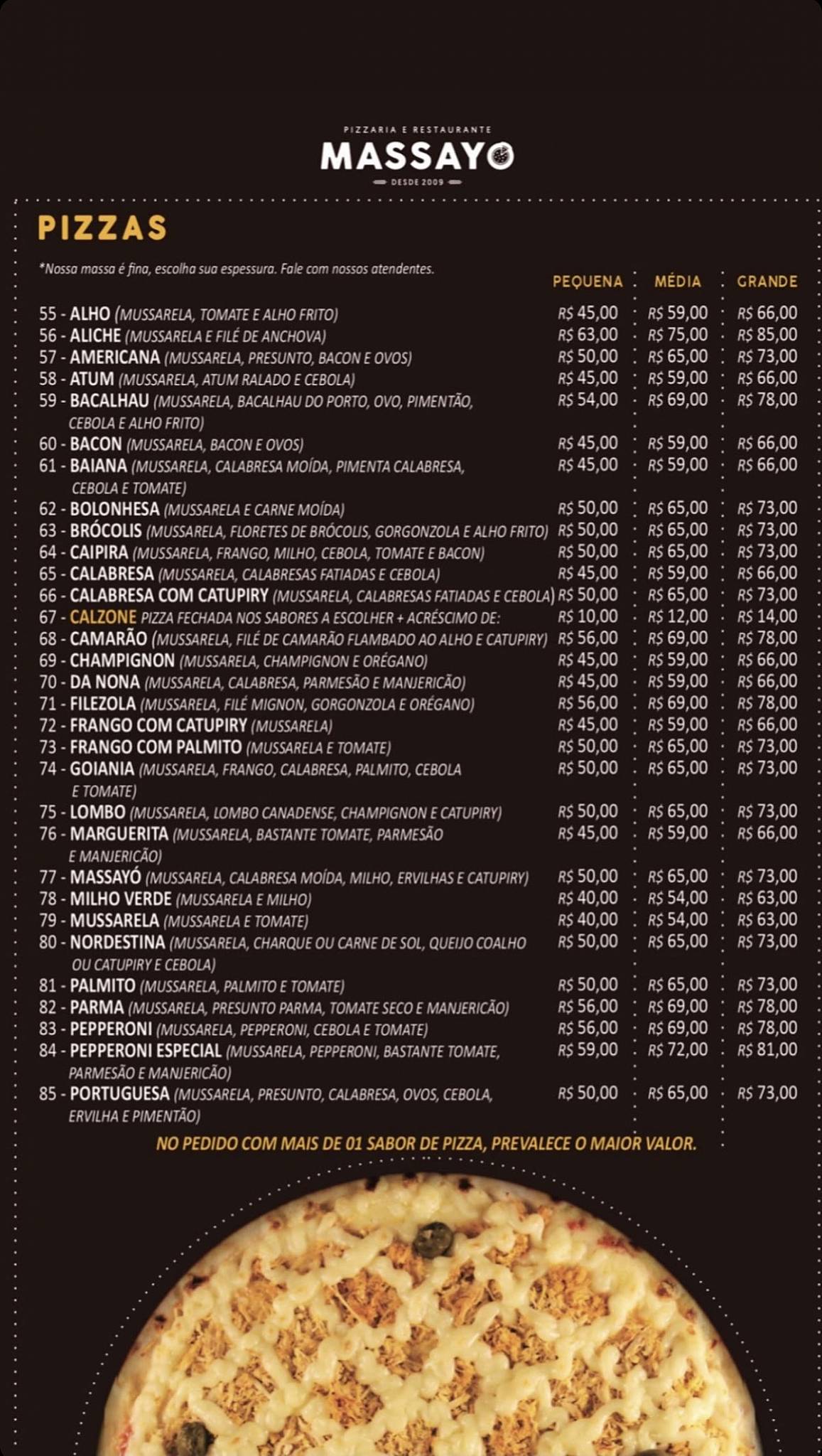 Pizzaria & Restaurante Massayó cardápio