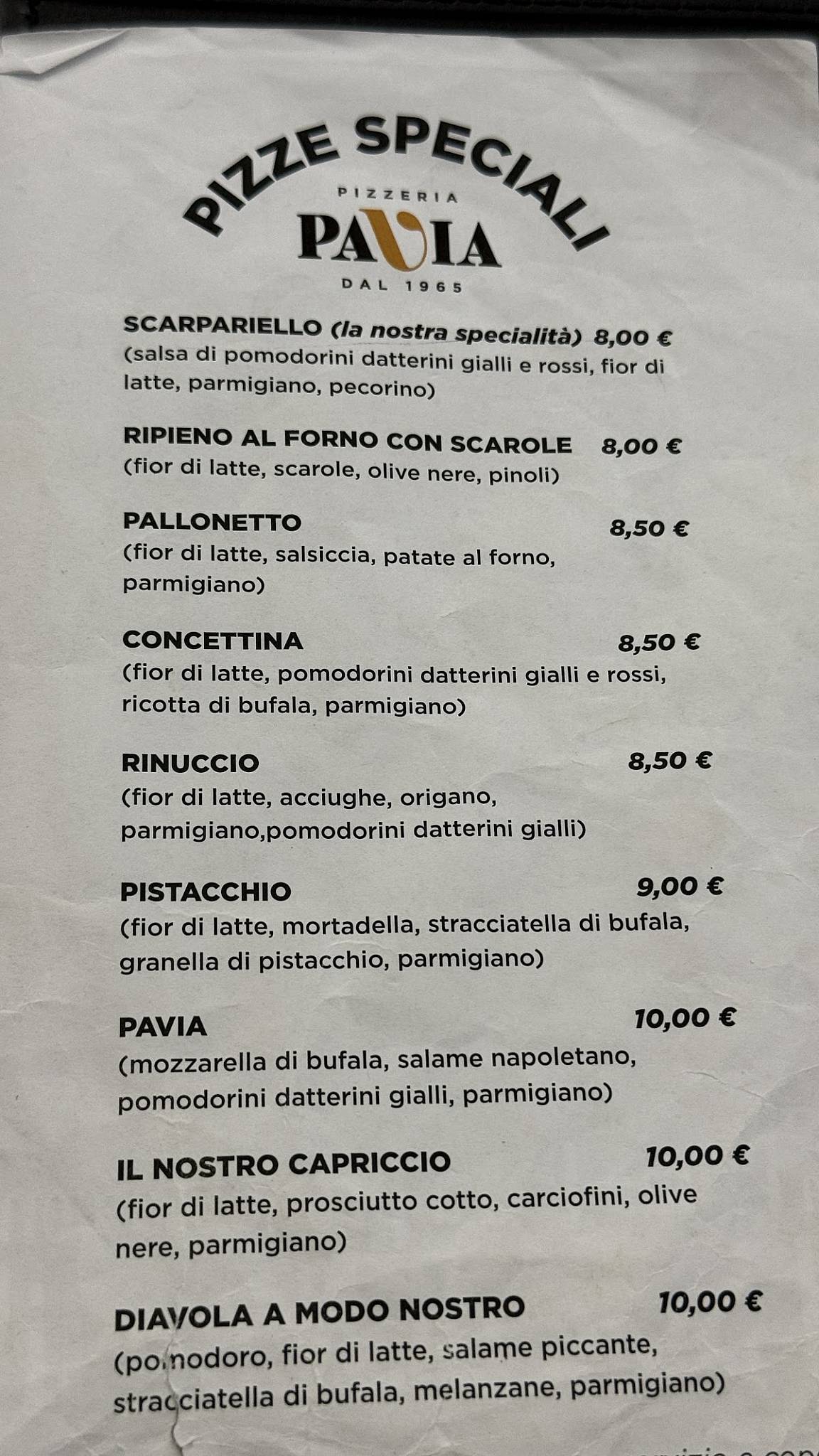 Menu di Pizzeria Pavia 
