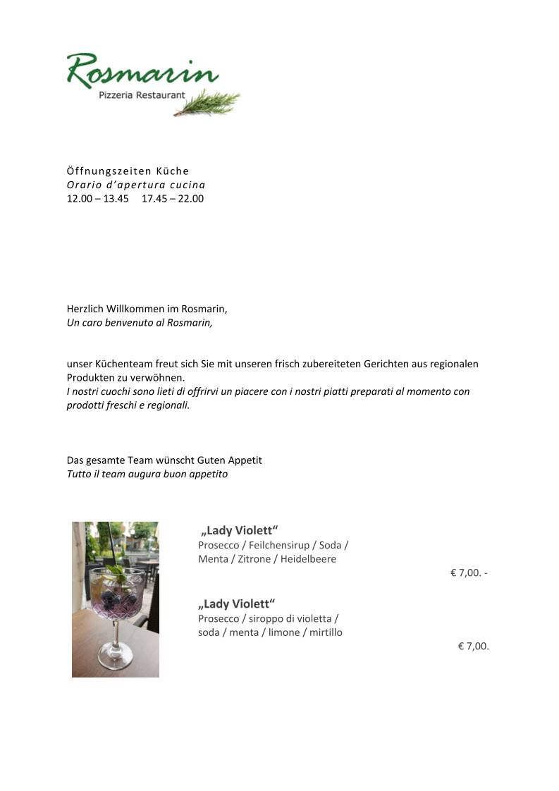 Menu di Pizzeria Restaurant Rosmarin 