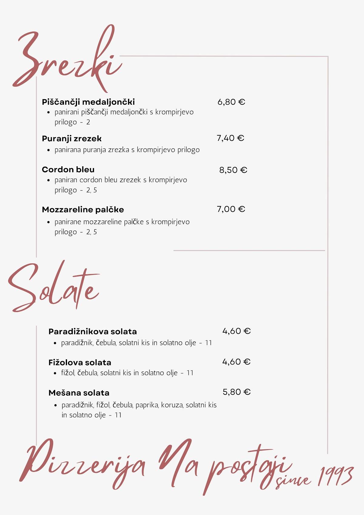 Menu di Pizzerija na postaji Vladimir Frajdl s.p. 