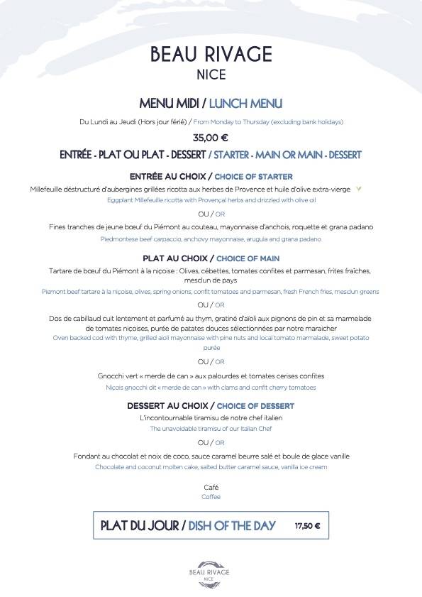 Menu de Plage Beau Rivage Nice