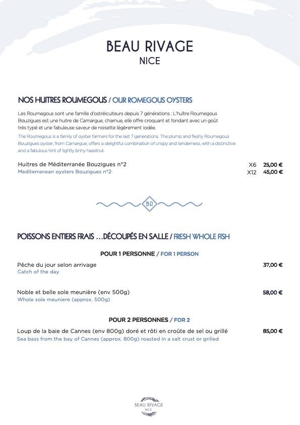Menu de Plage Beau Rivage Nice