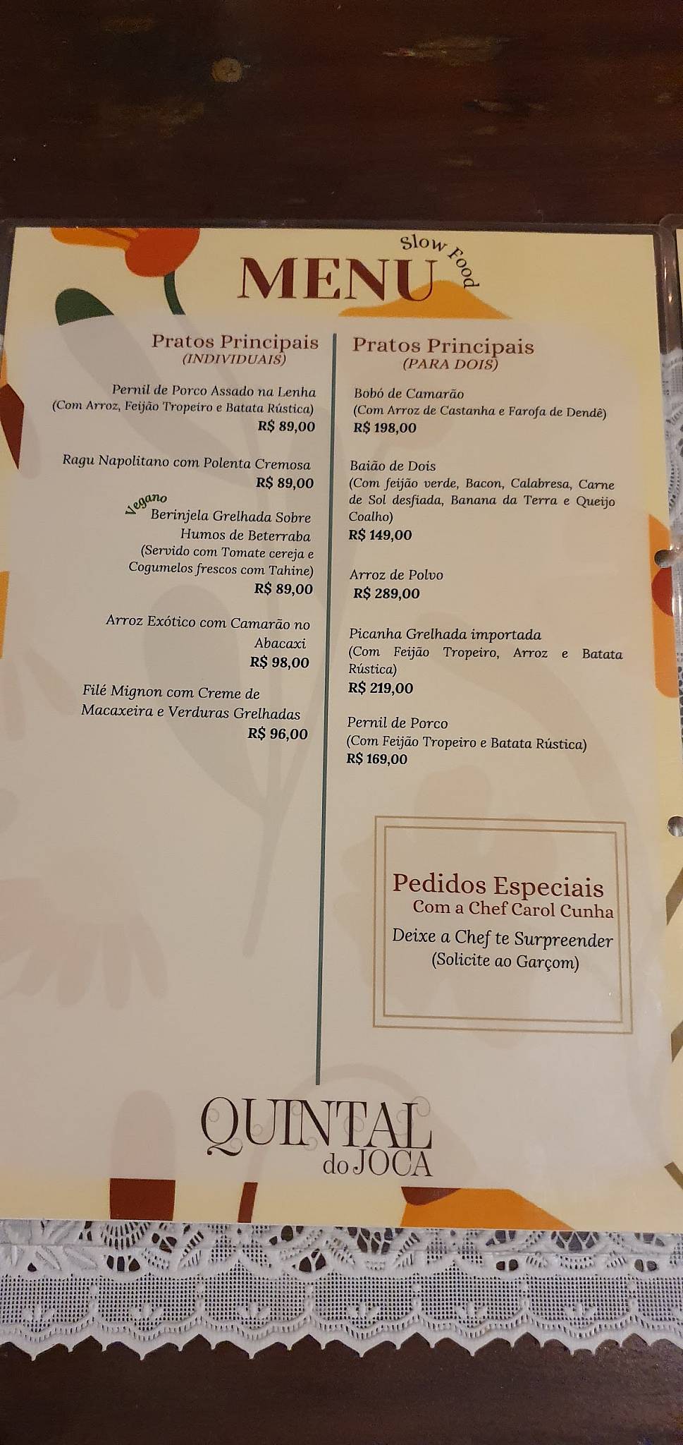 Quintal do Joca cardápio