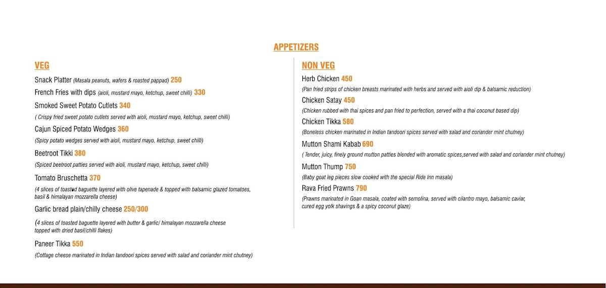 RIDE INN CAFE, BAR & Resort menu