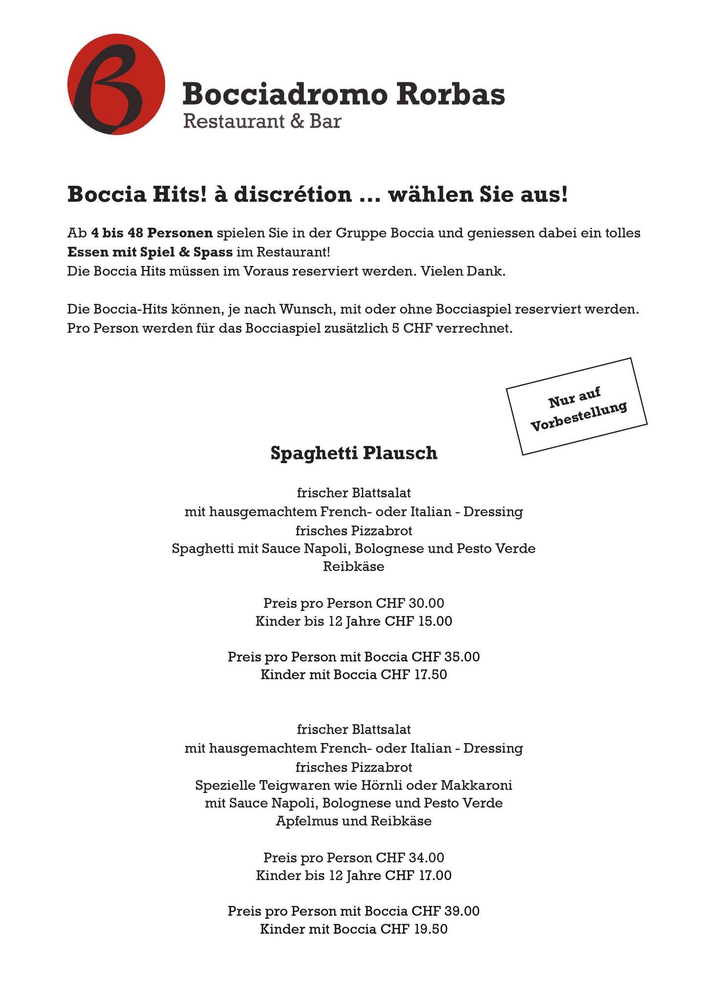 Menu de Restaurant Bocciadromo