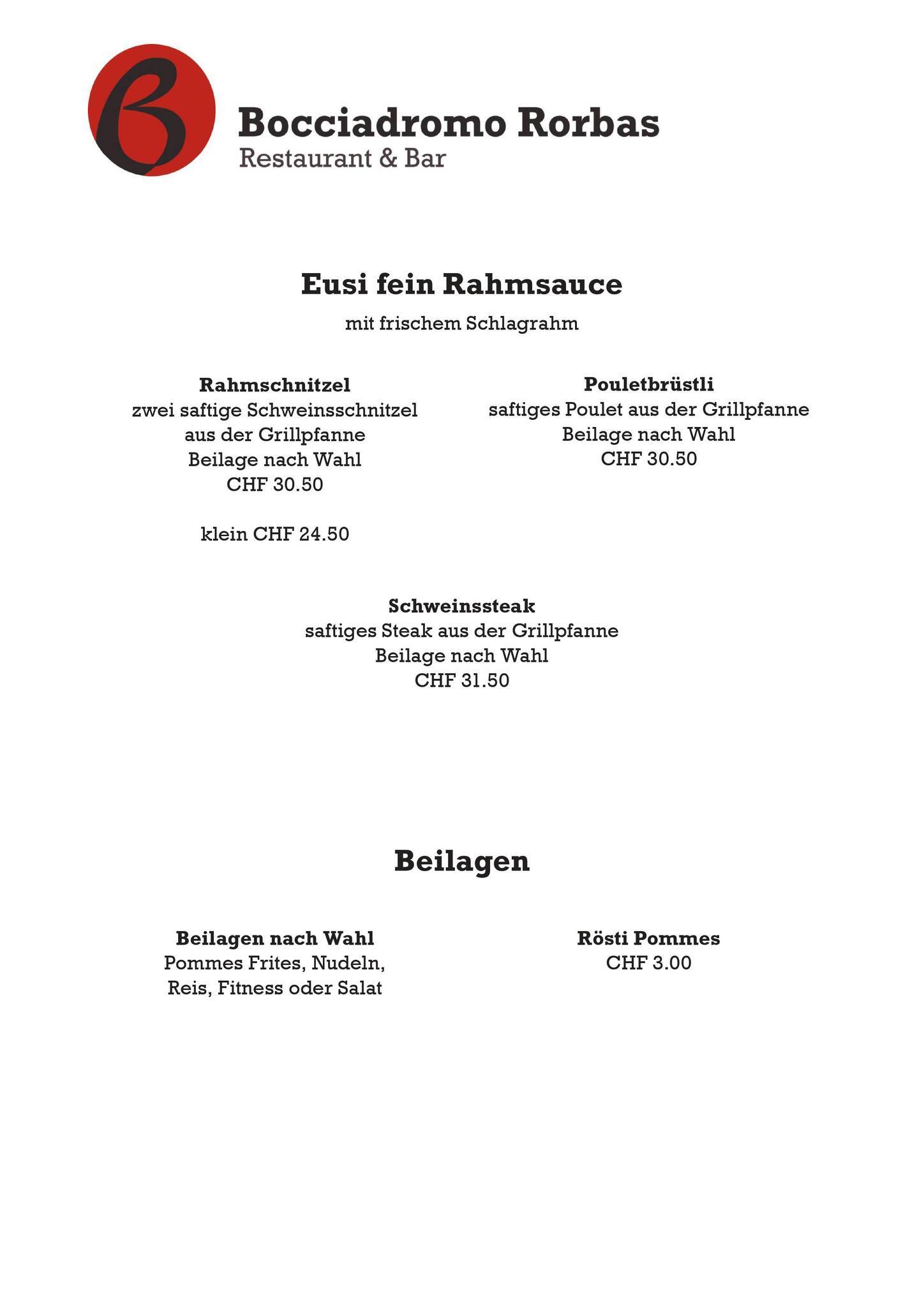 Menu de Restaurant Bocciadromo