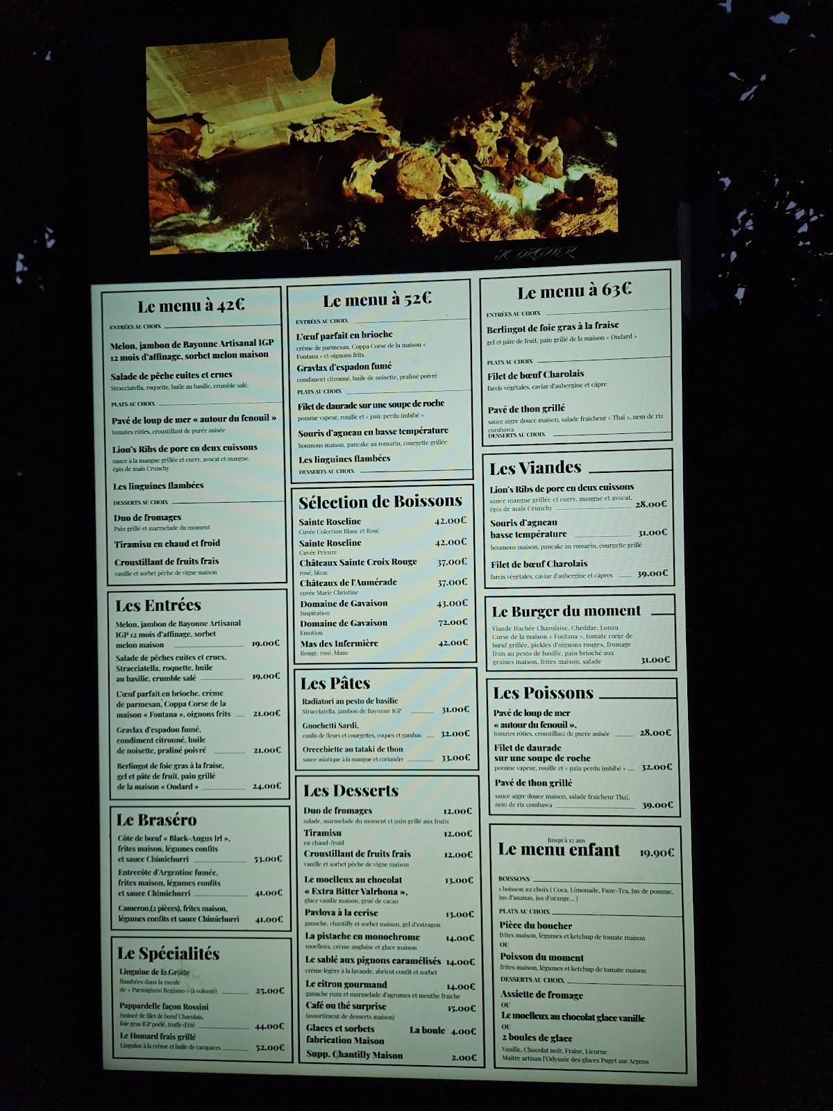 Menu de Restaurant La Grotte