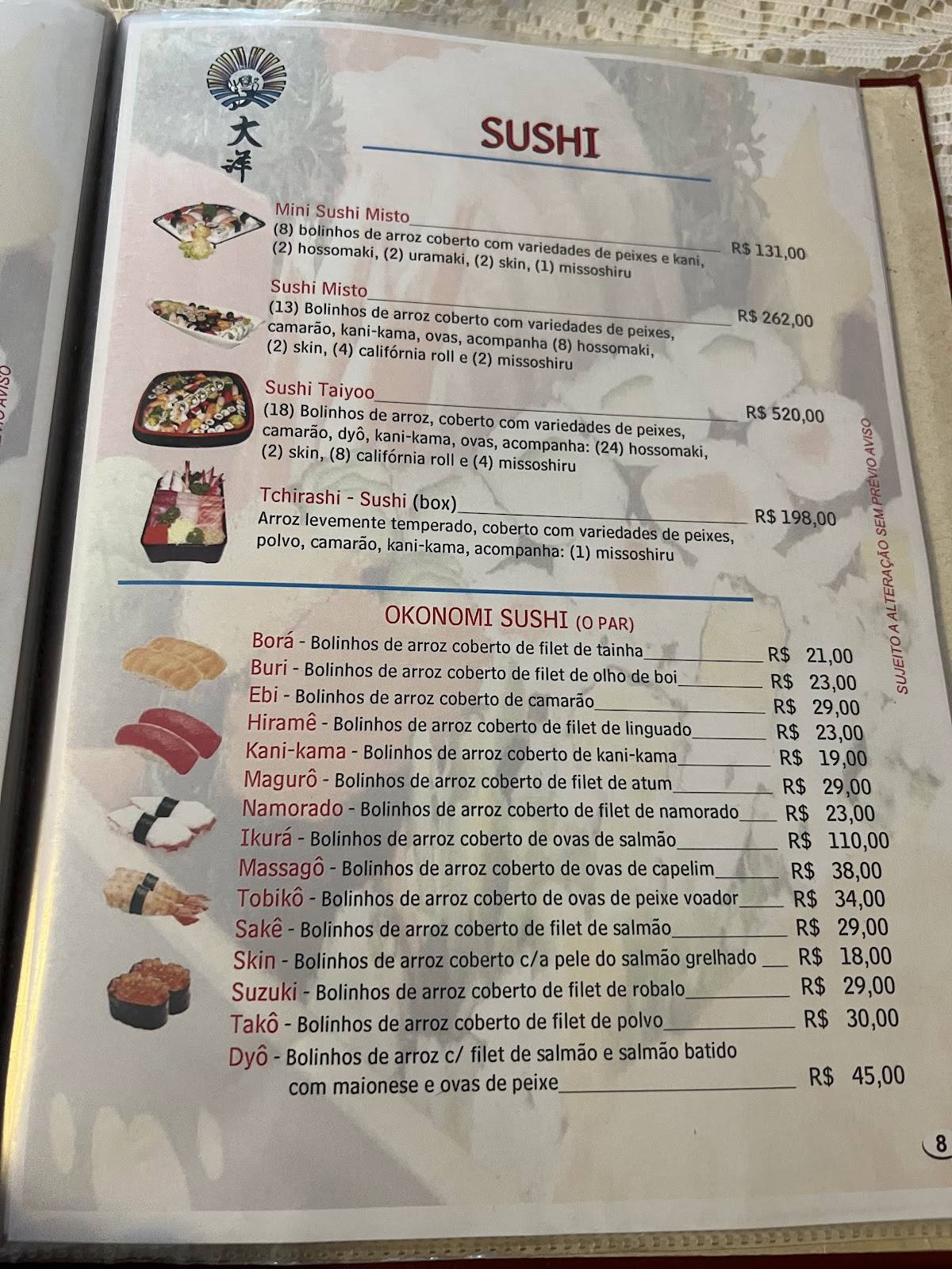 Restaurante TAIYOO cardápio