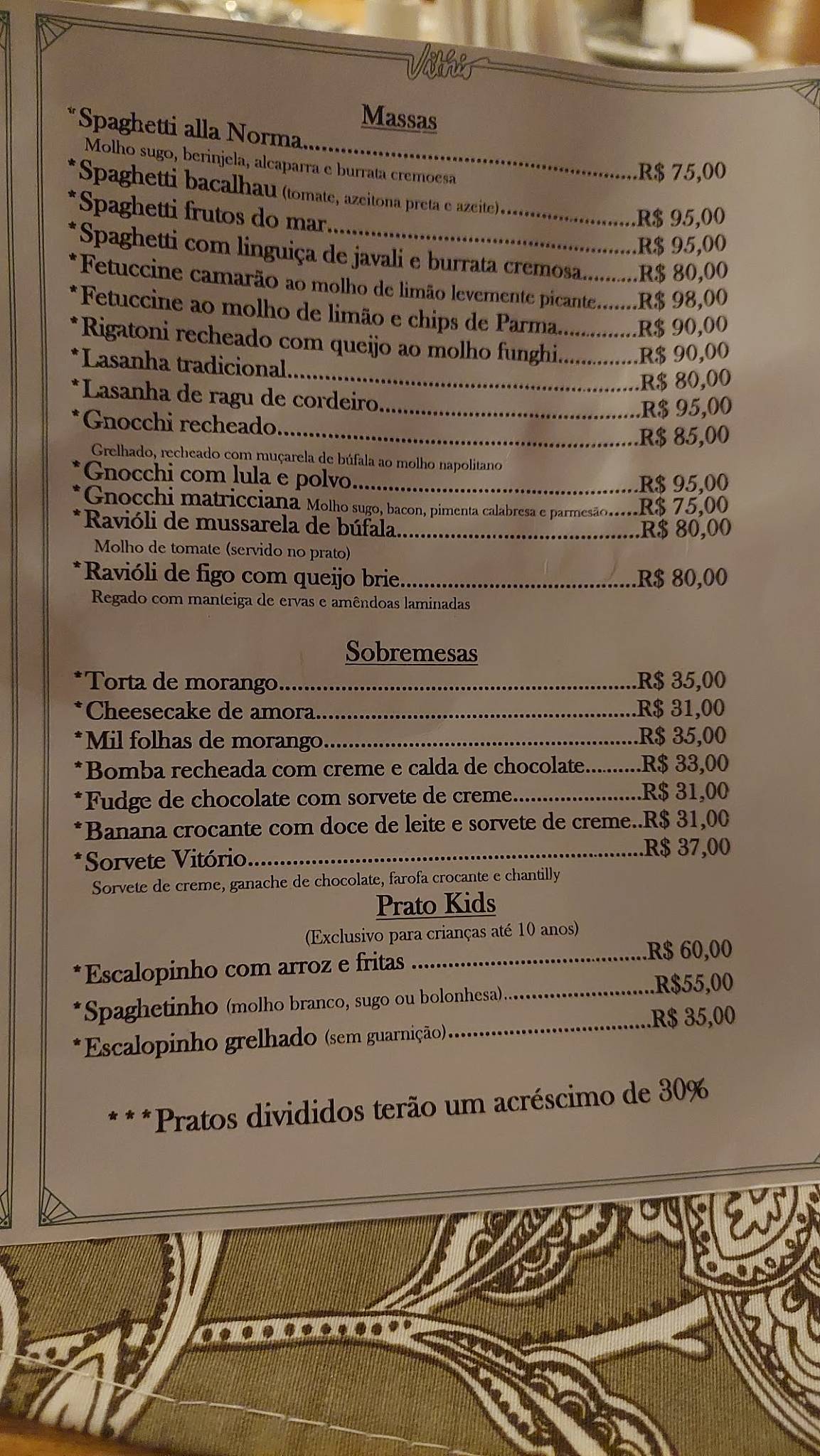 Vitório cardápio