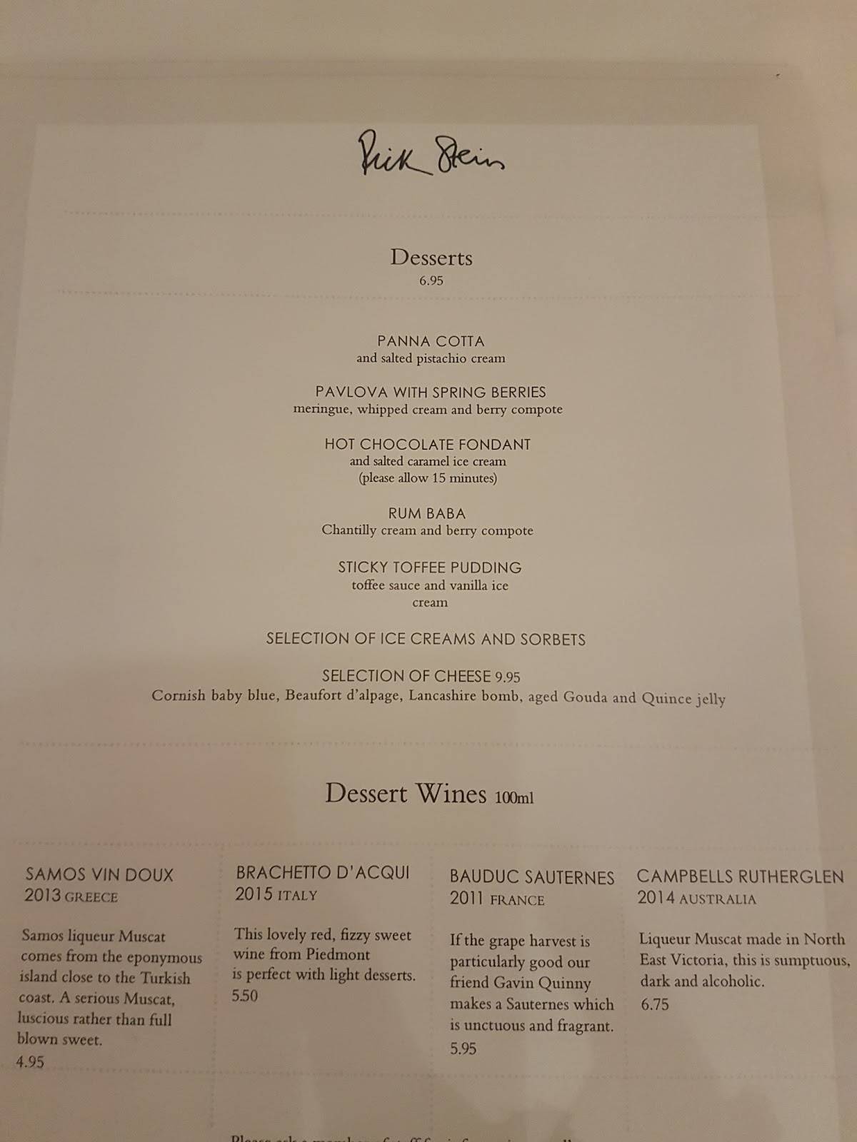 Menu at Rick Stein, Sandbanks restaurant, Poole