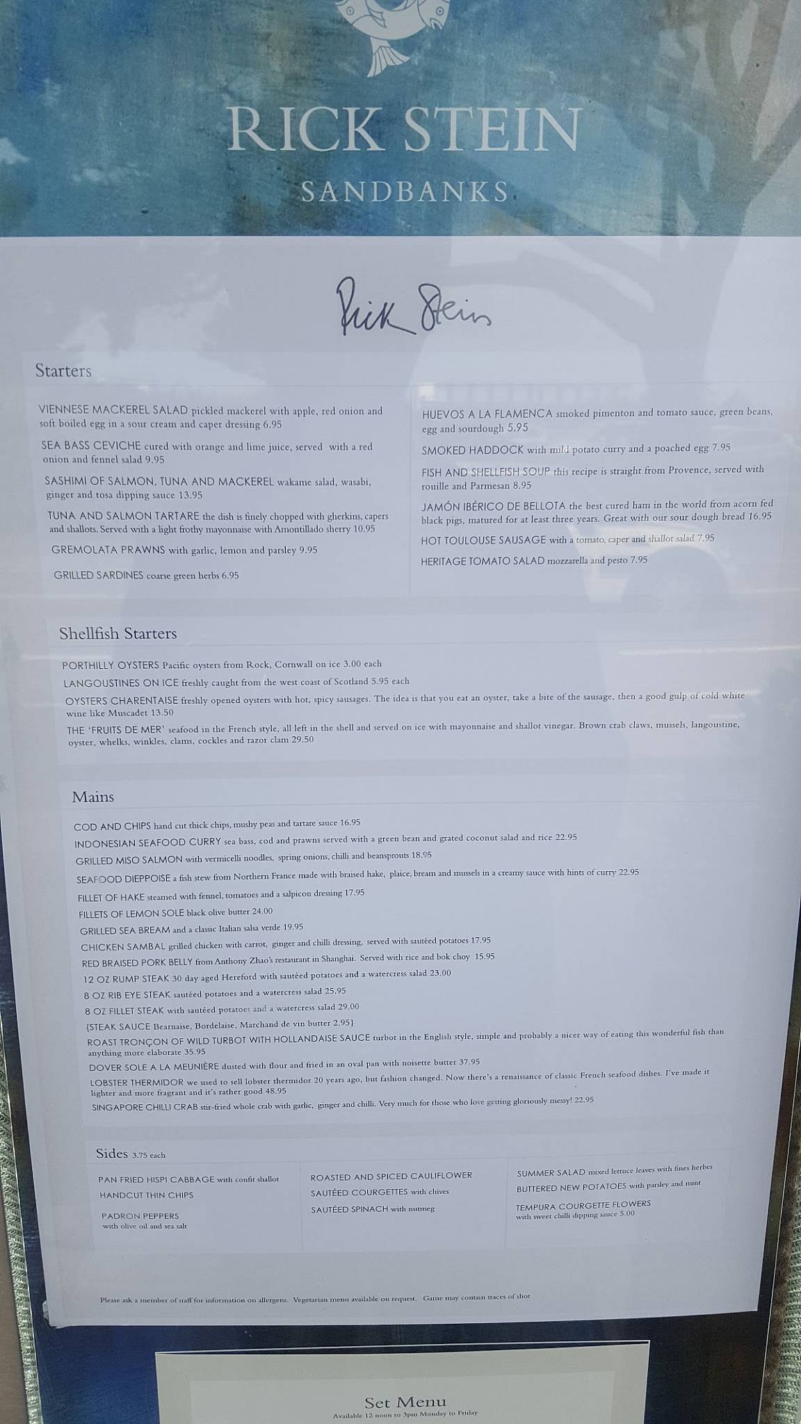 Menu at Rick Stein, Sandbanks restaurant, Poole